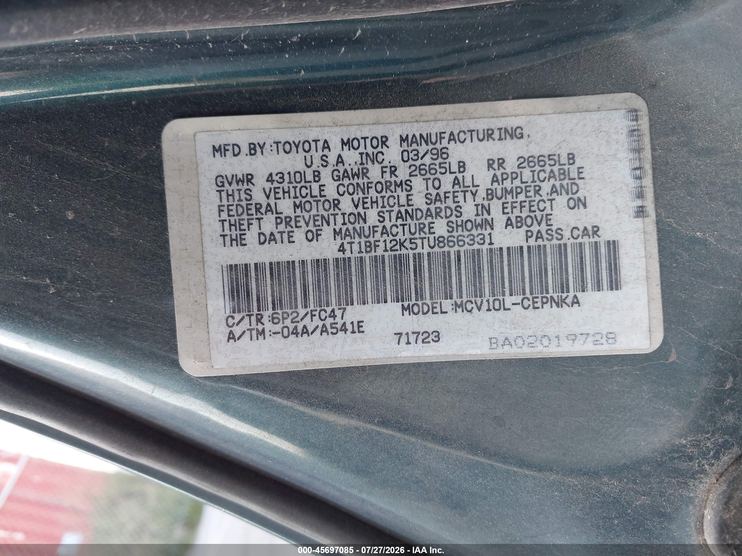 1996 Toyota Camry Le/xle/se Green vin: 4T1BF12K5TU866331