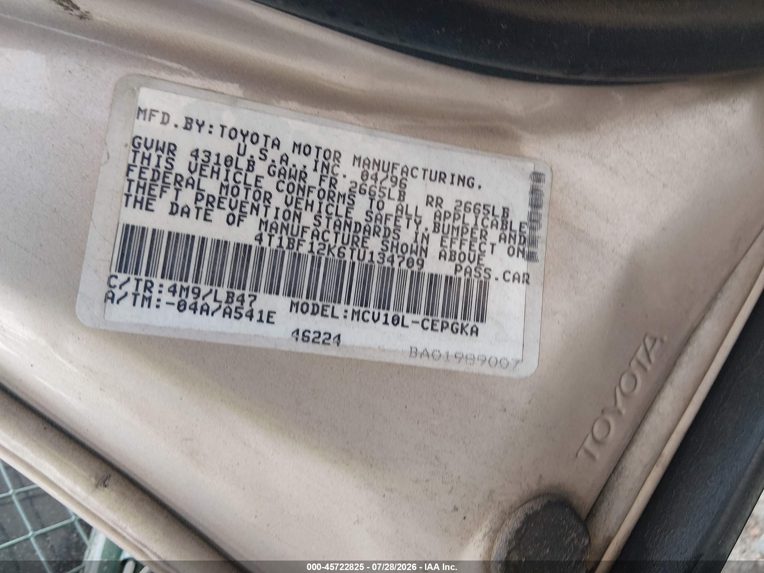 1996 Toyota Camry Le/xle/se Tan vin: 4T1BF12K6TU134709