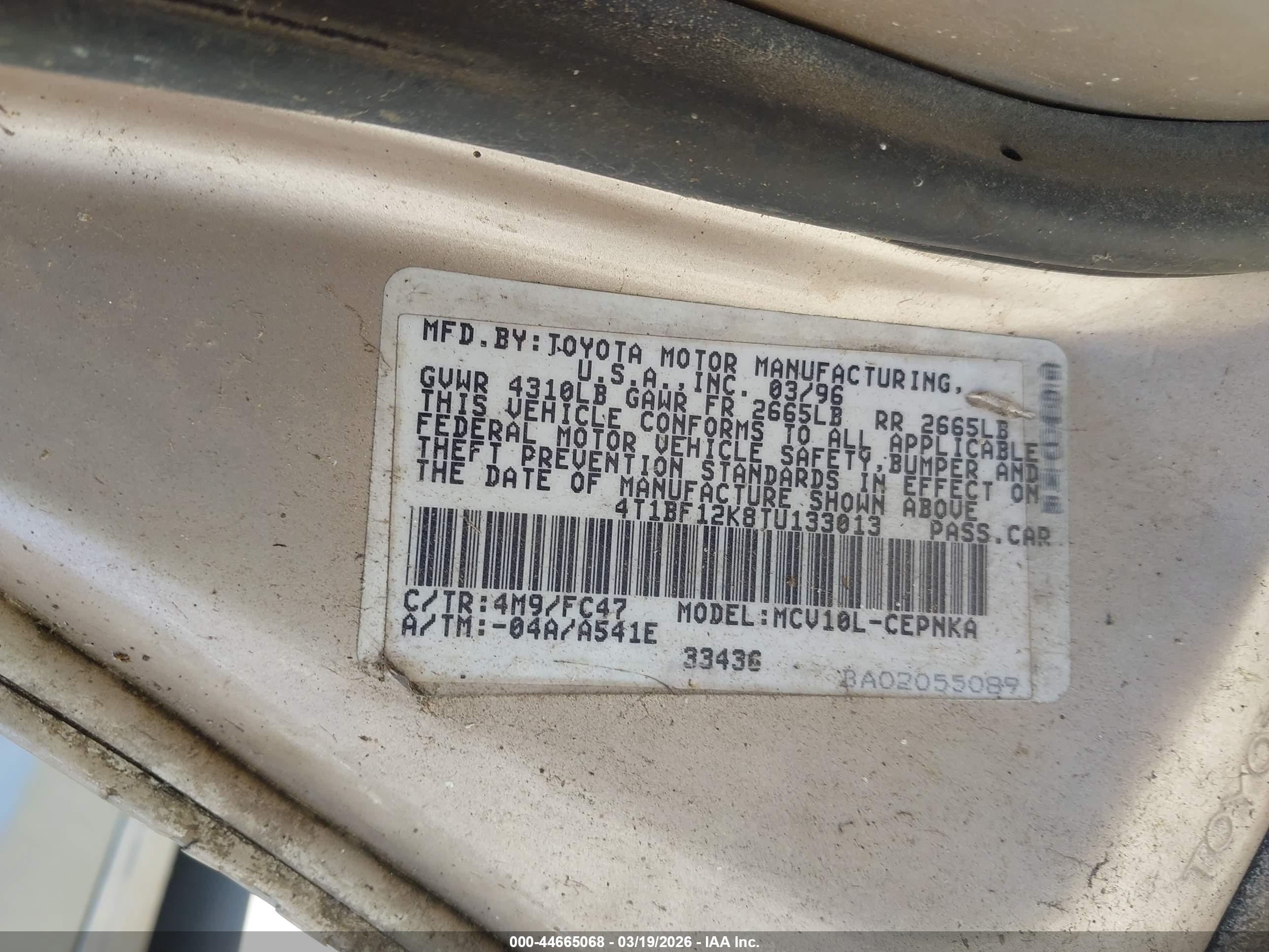 1996 Toyota Camry Le/xle/se Silver vin: 4T1BF12K8TU133013