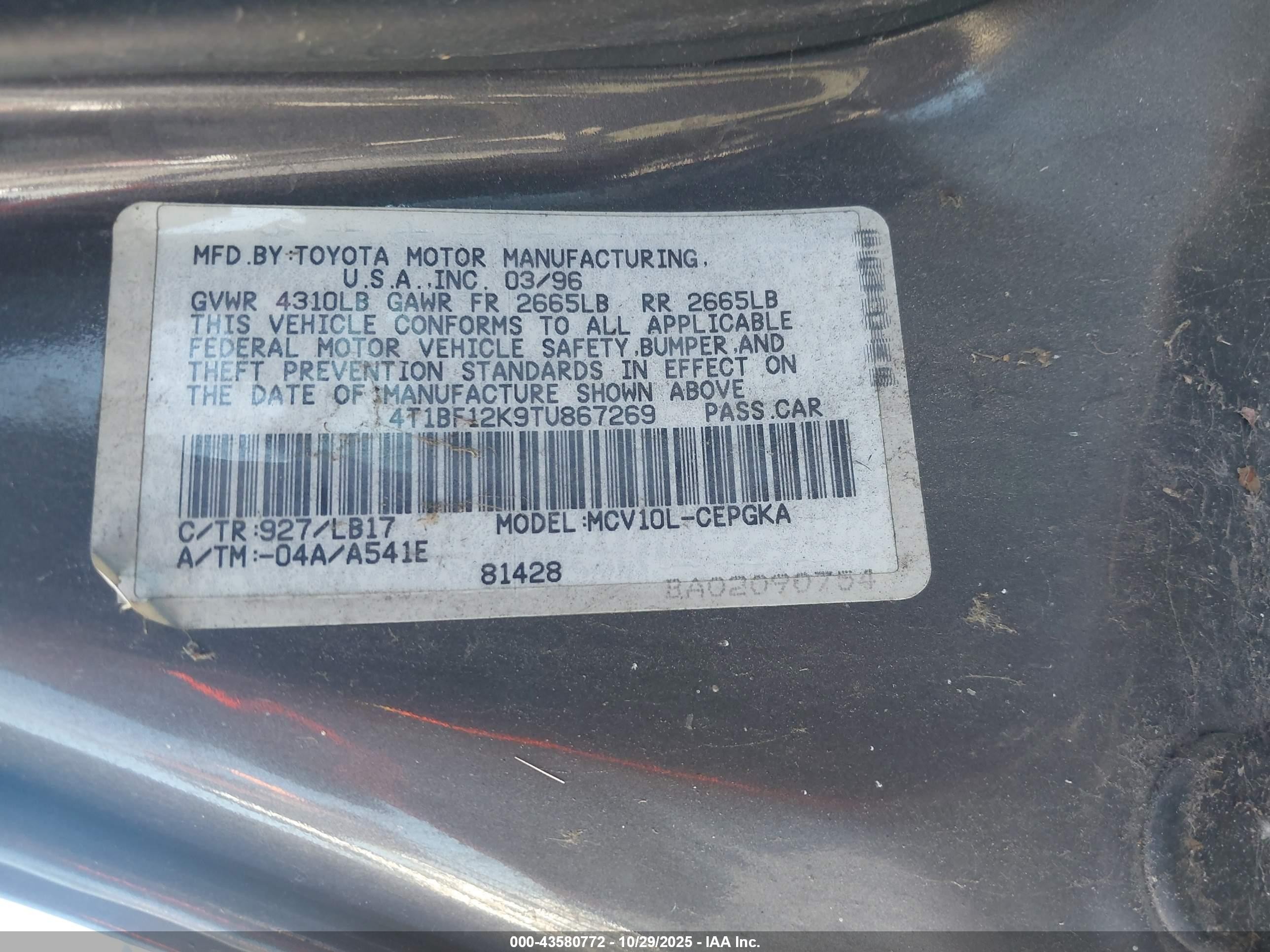 1996 Toyota Camry Le/xle/se Gray vin: 4T1BF12K9TU867269