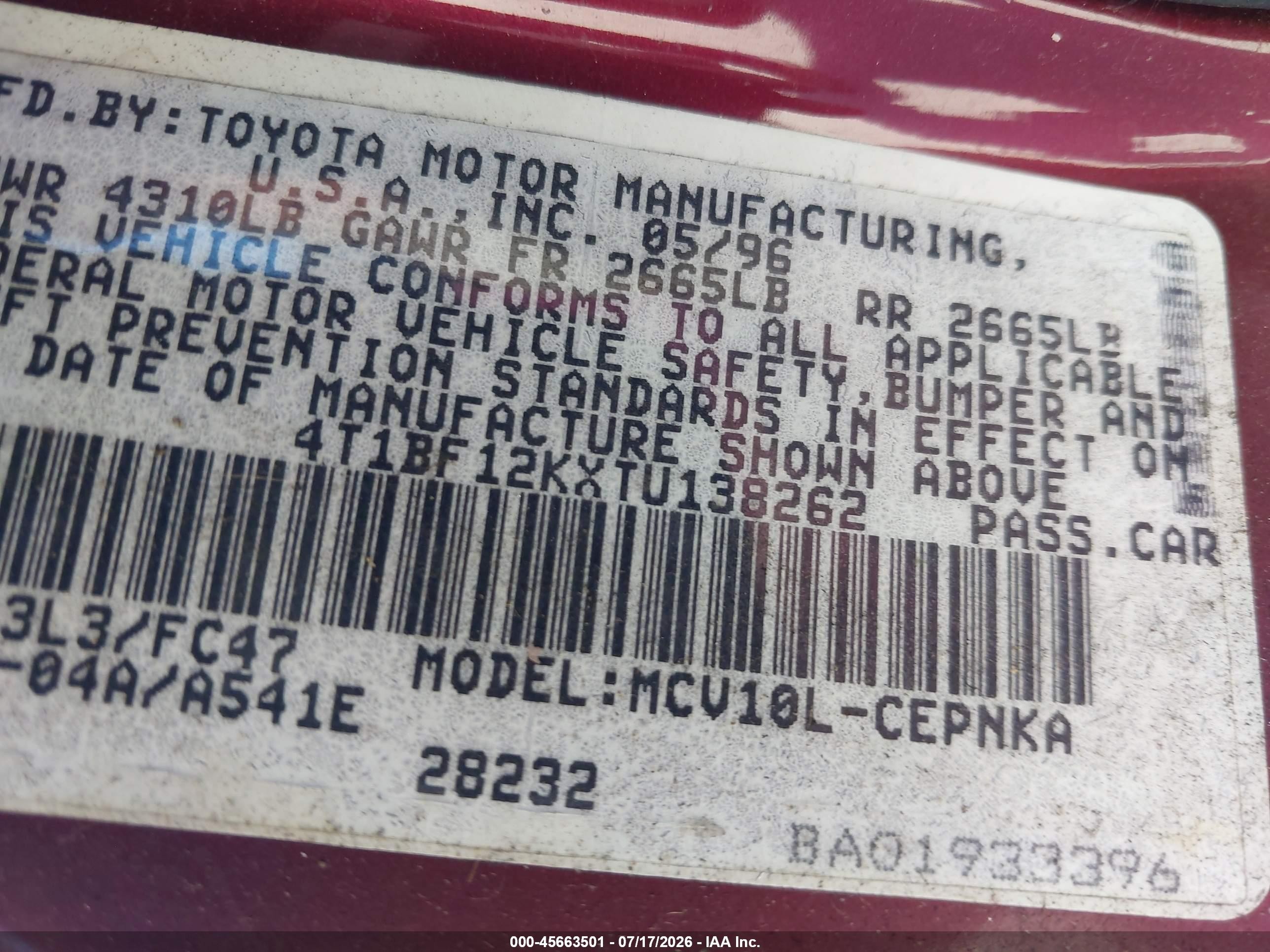 1996 Toyota Camry Le/xle/se Maroon vin: 4T1BF12KXTU138262