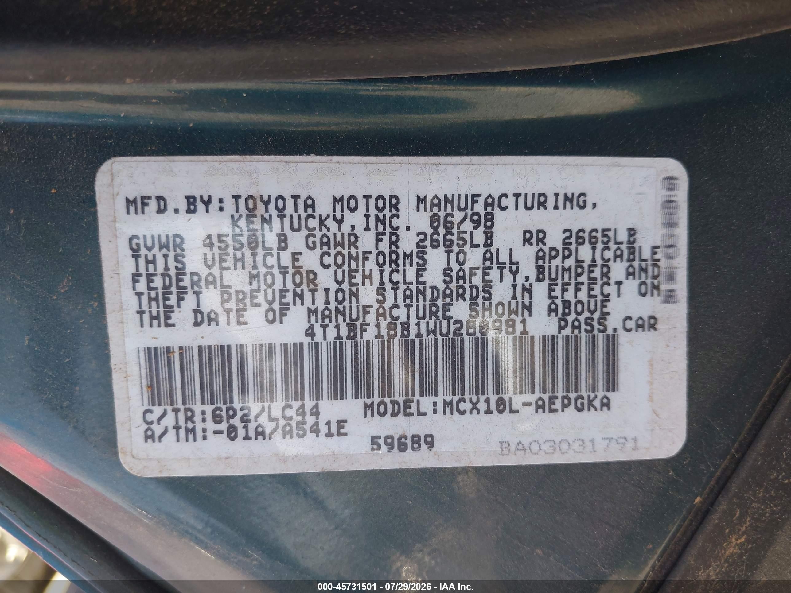 1998 Toyota Avalon Xls Green vin: 4T1BF18B1WU280981