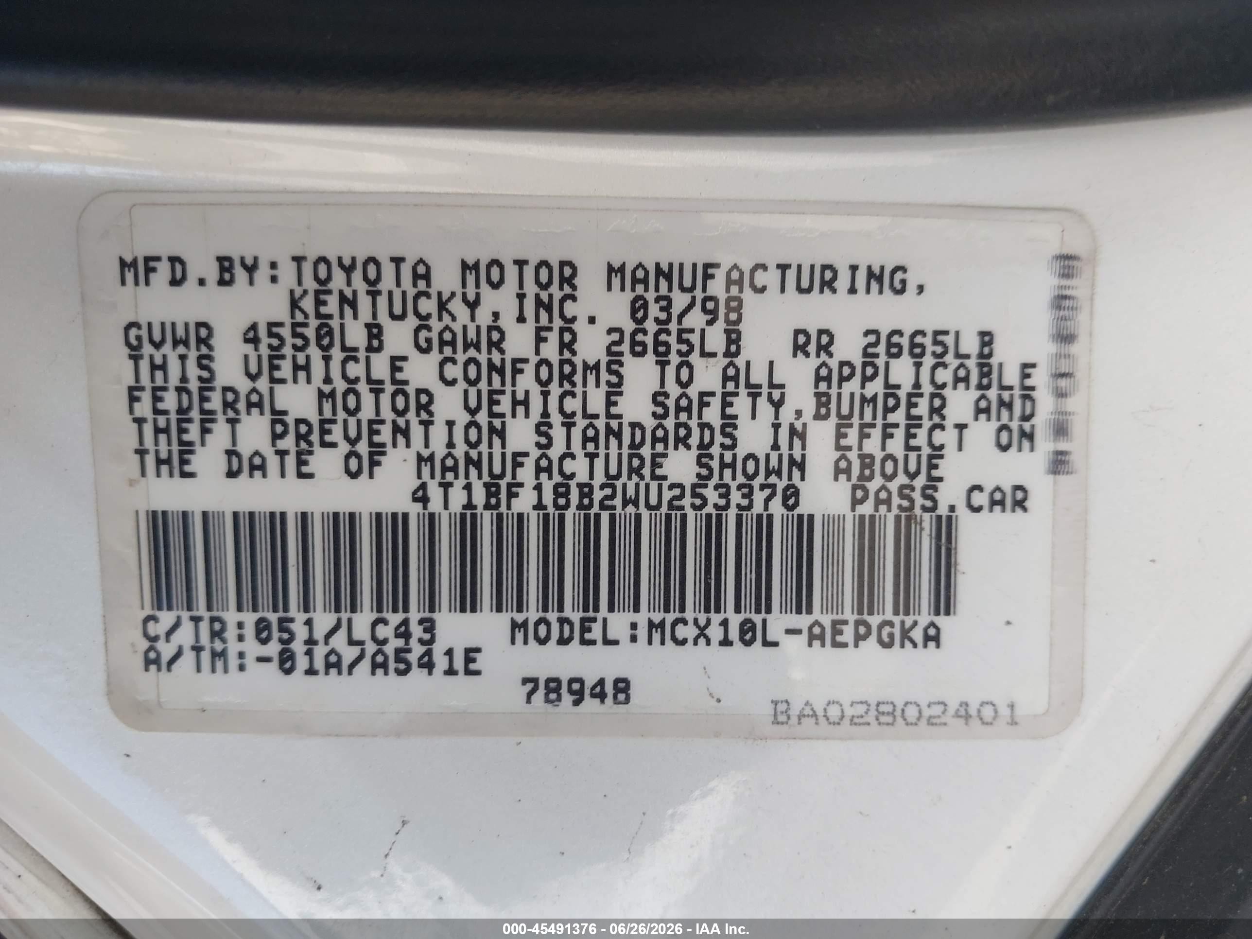 1998 Toyota Avalon Xls White vin: 4T1BF18B2WU253370