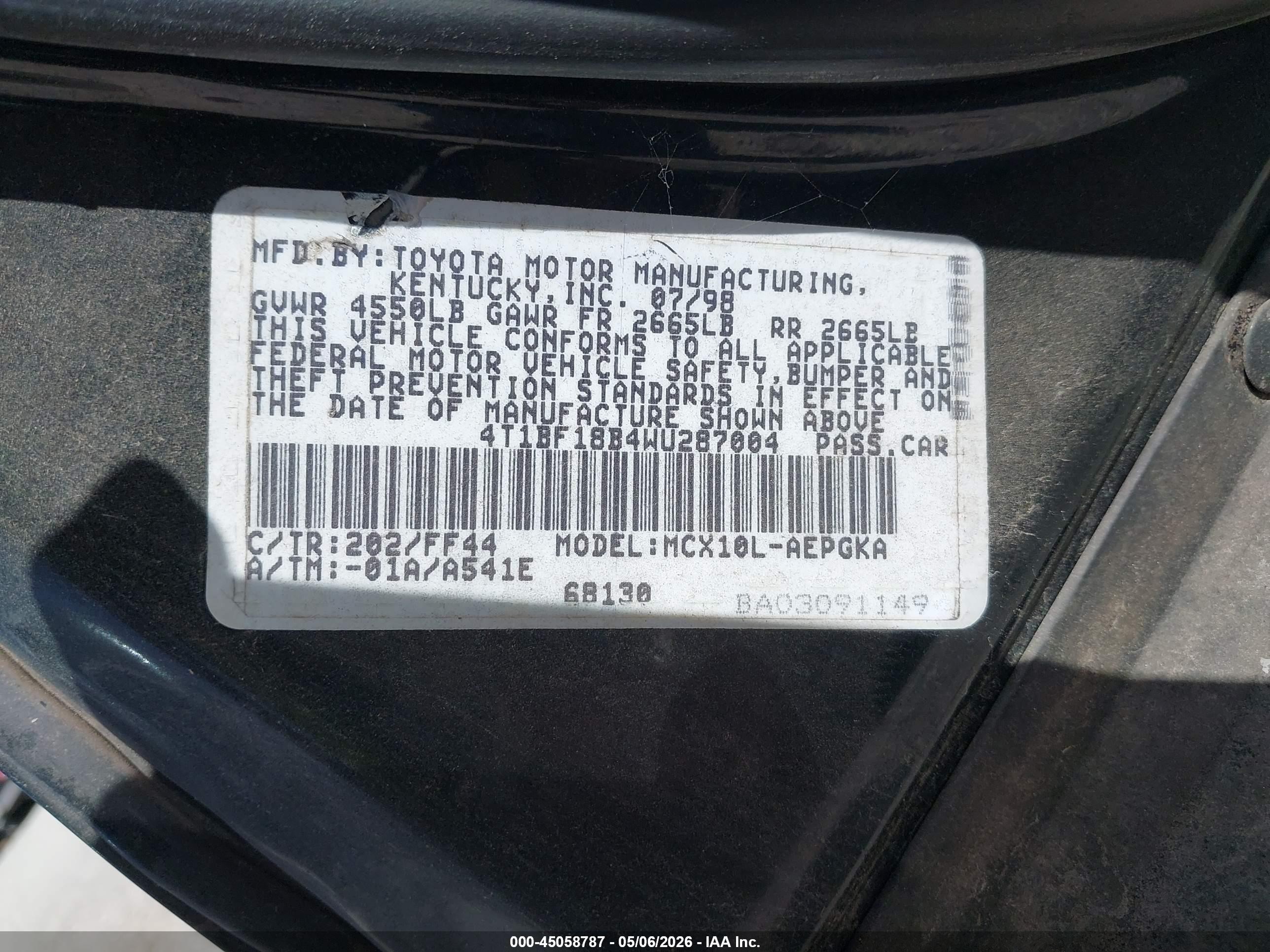 1998 Toyota Avalon Xls Black vin: 4T1BF18B4WU287004