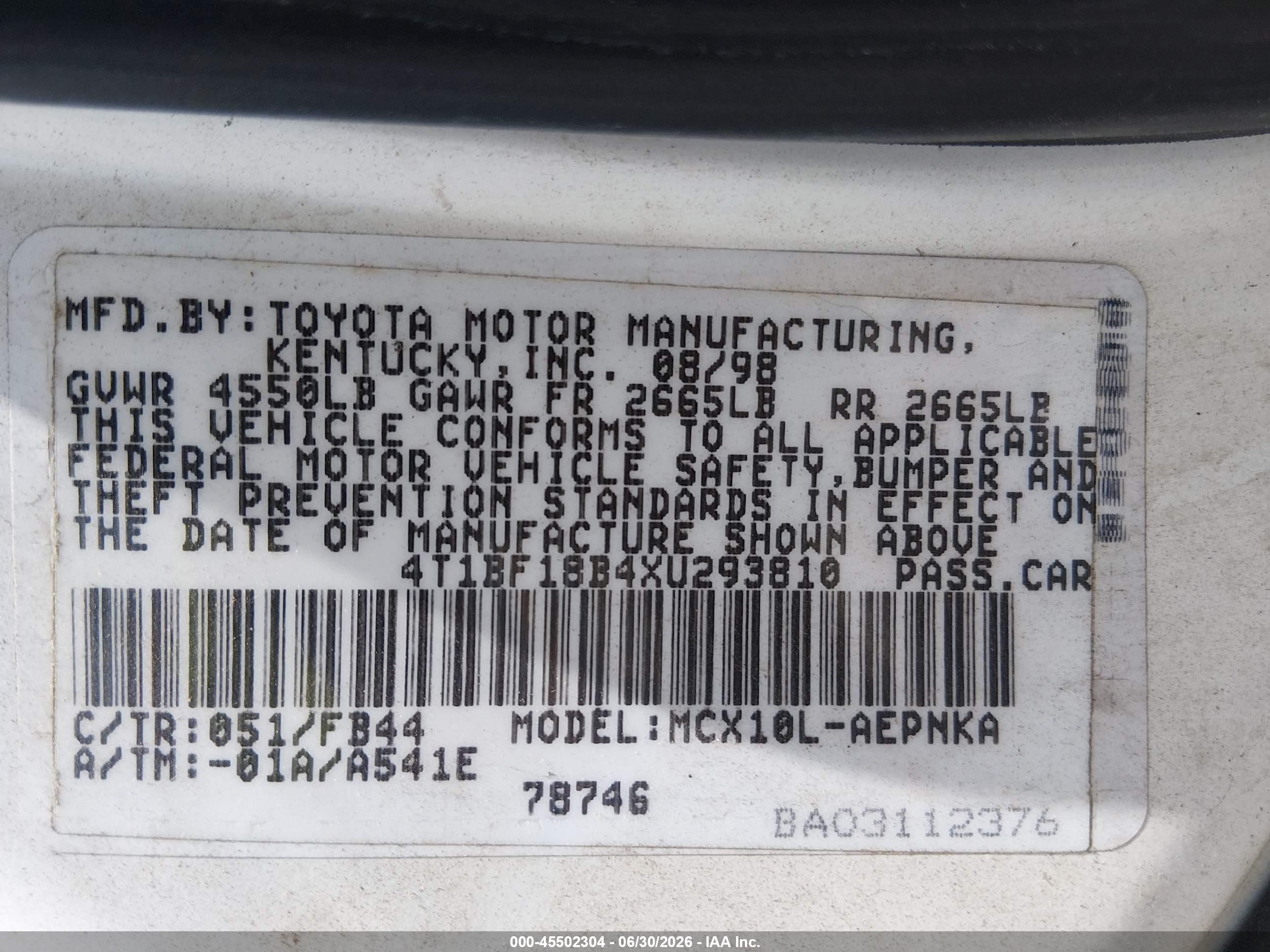 1999 Toyota Avalon Xl White vin: 4T1BF18B4XU293810