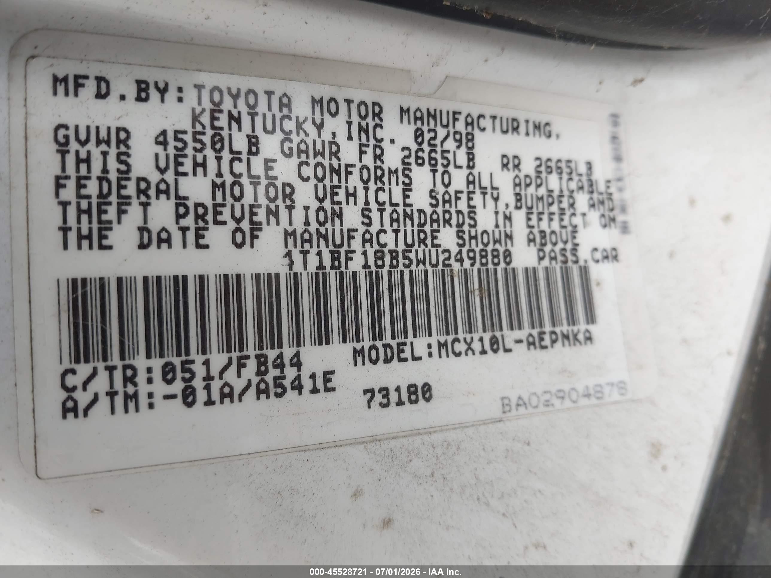 1998 Toyota Avalon Xl White vin: 4T1BF18B5WU249880