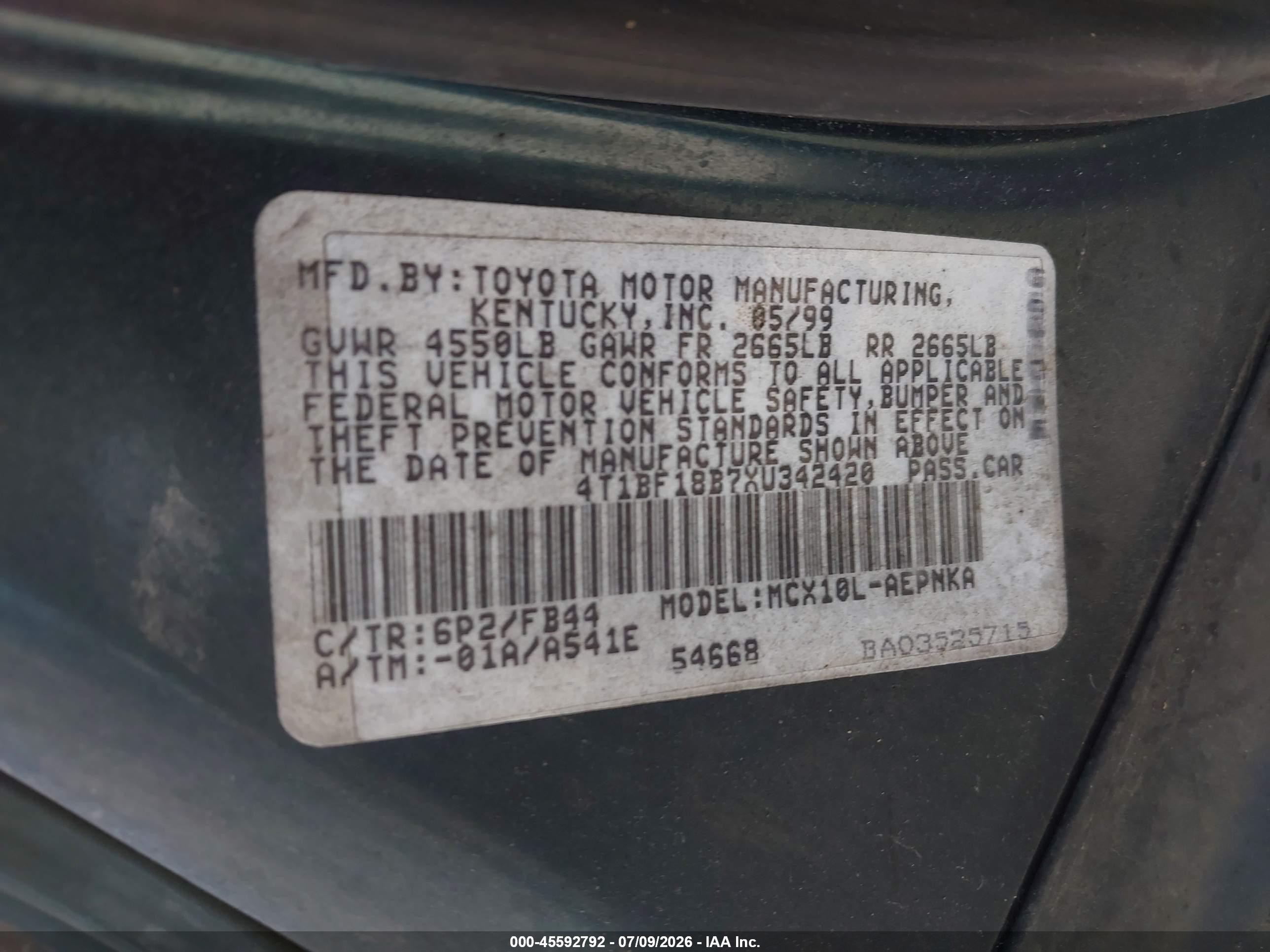 1999 Toyota Avalon Xl Green vin: 4T1BF18B7XU342420
