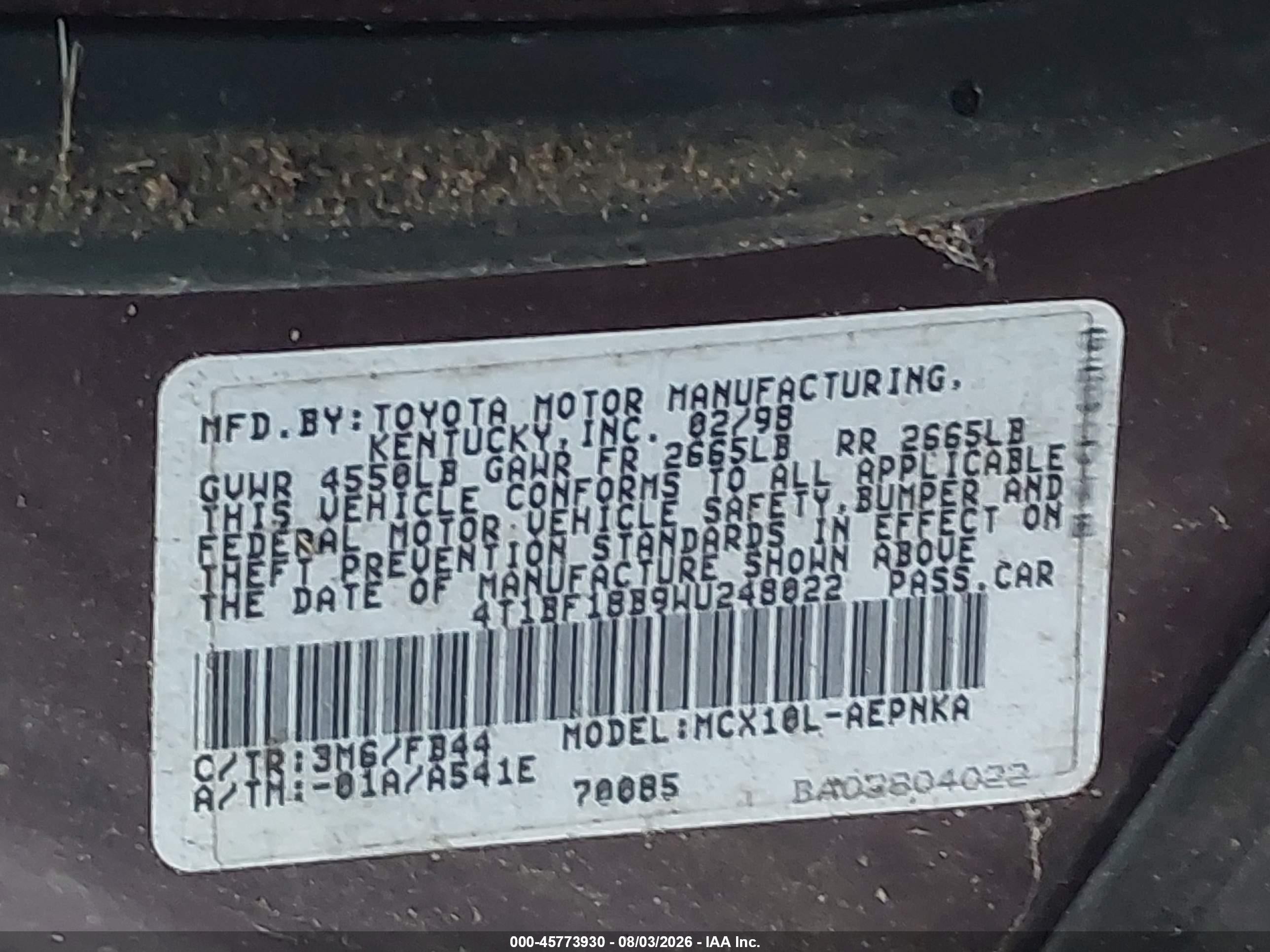 1998 Toyota Avalon Xl Maroon vin: 4T1BF18B9WU248022