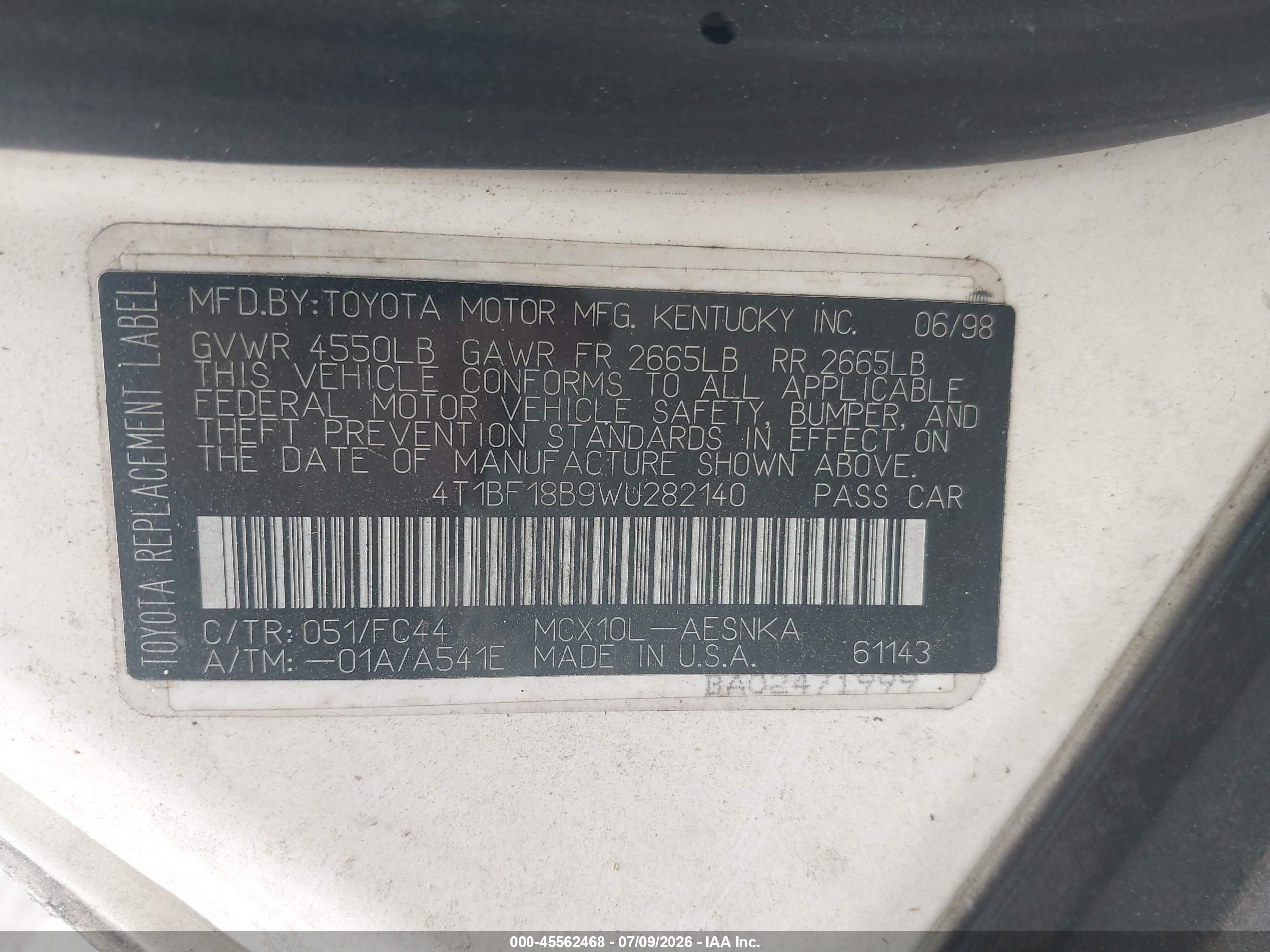 1998 Toyota Avalon Xl White vin: 4T1BF18B9WU282140