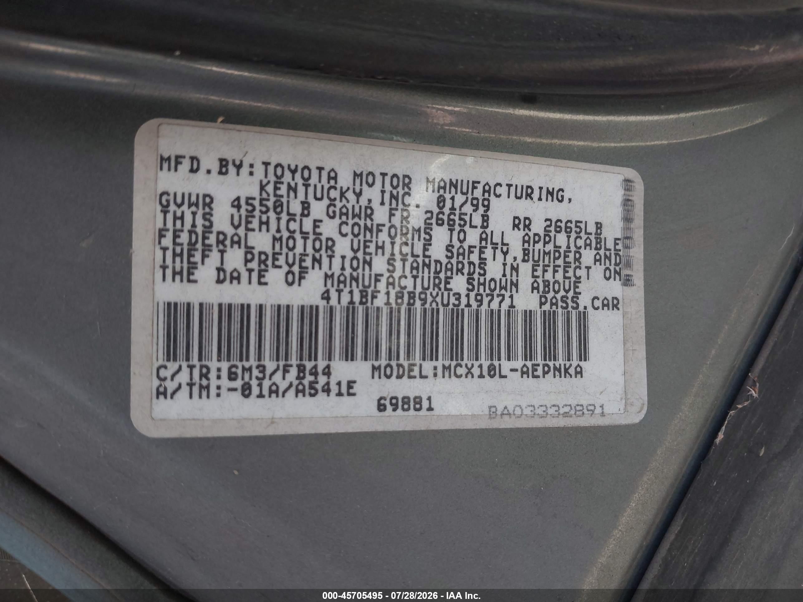 1999 Toyota Avalon Xl Gray vin: 4T1BF18B9XU319771