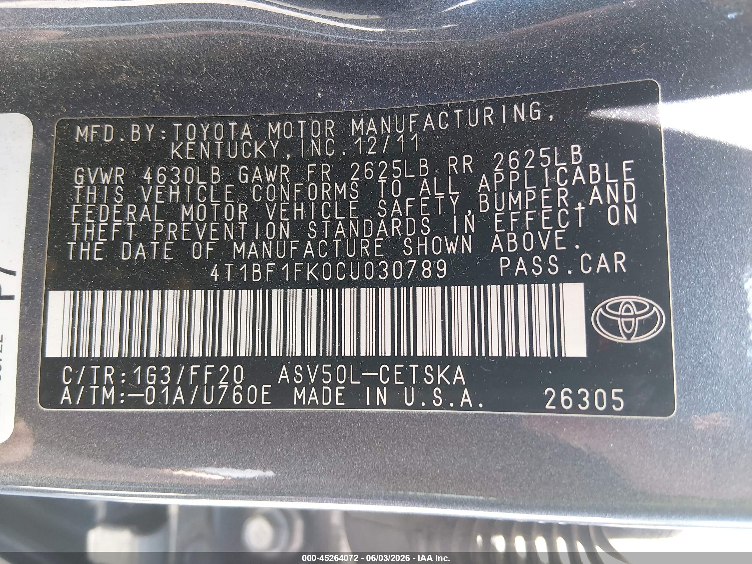 2012 Toyota Camry Se Gray vin: 4T1BF1FK0CU030789