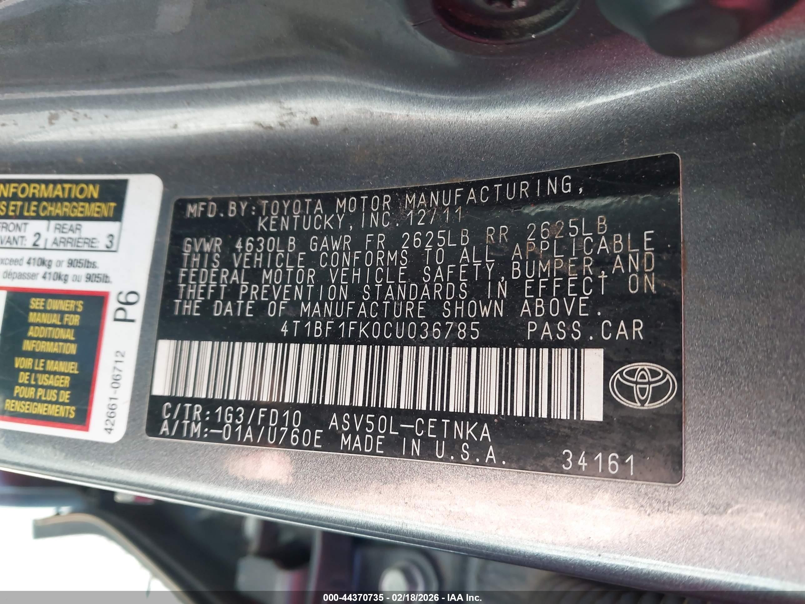 2012 Toyota Camry Le Gray vin: 4T1BF1FK0CU036785