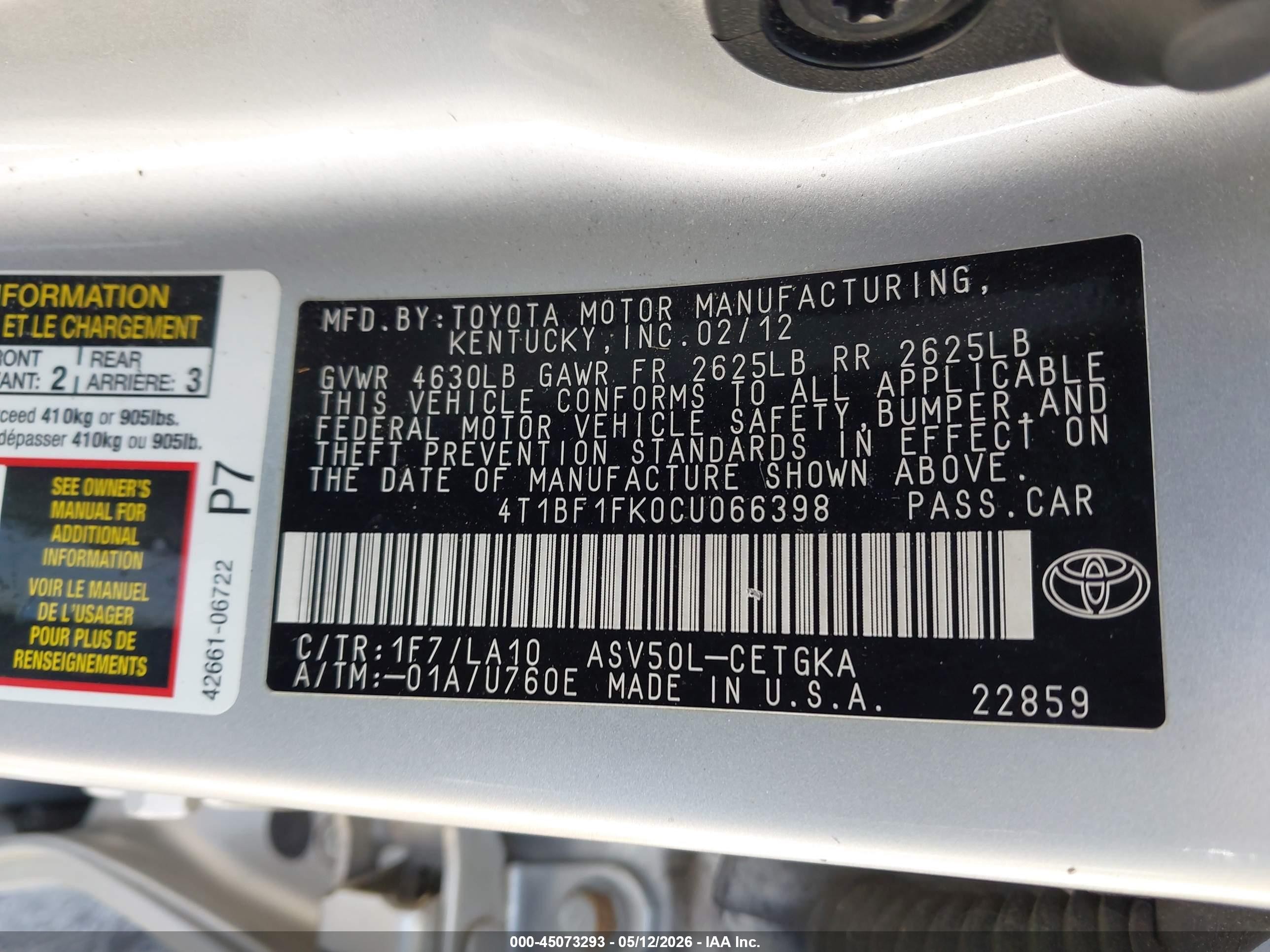 2012 Toyota Camry Xle Silver vin: 4T1BF1FK0CU066398