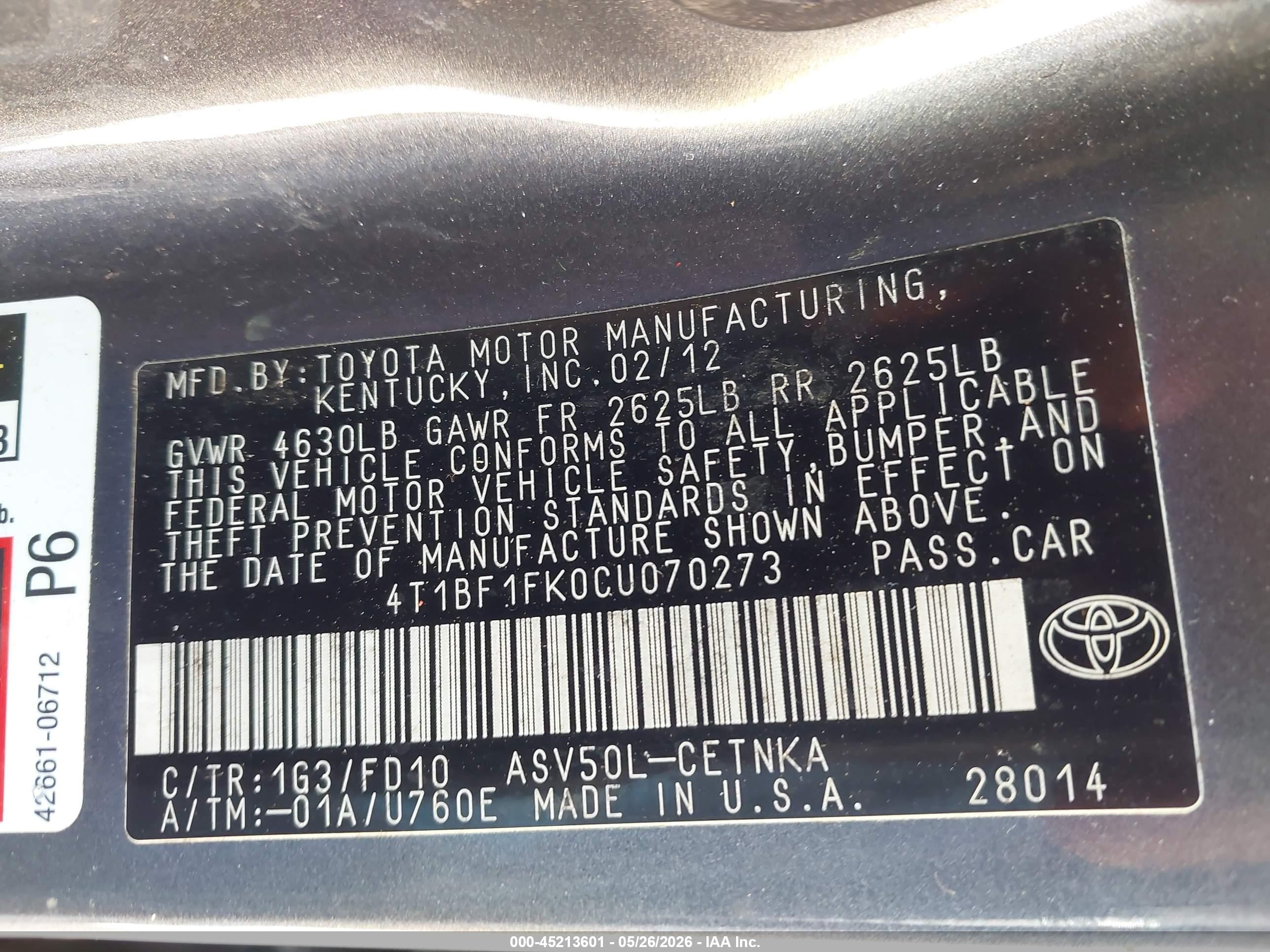 2012 Toyota Camry Le Gray vin: 4T1BF1FK0CU070273