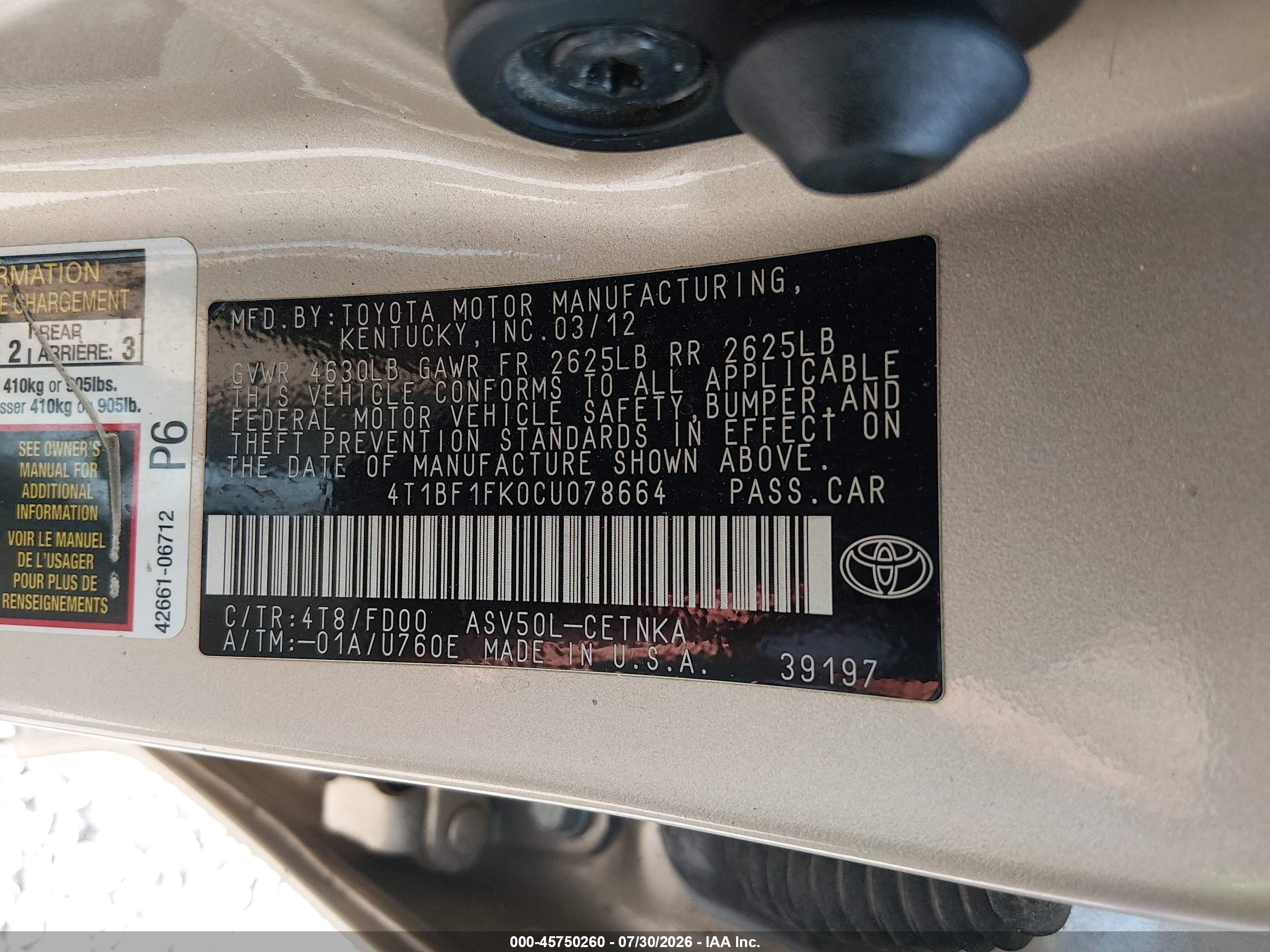 2012 Toyota Camry Le Beige vin: 4T1BF1FK0CU078664