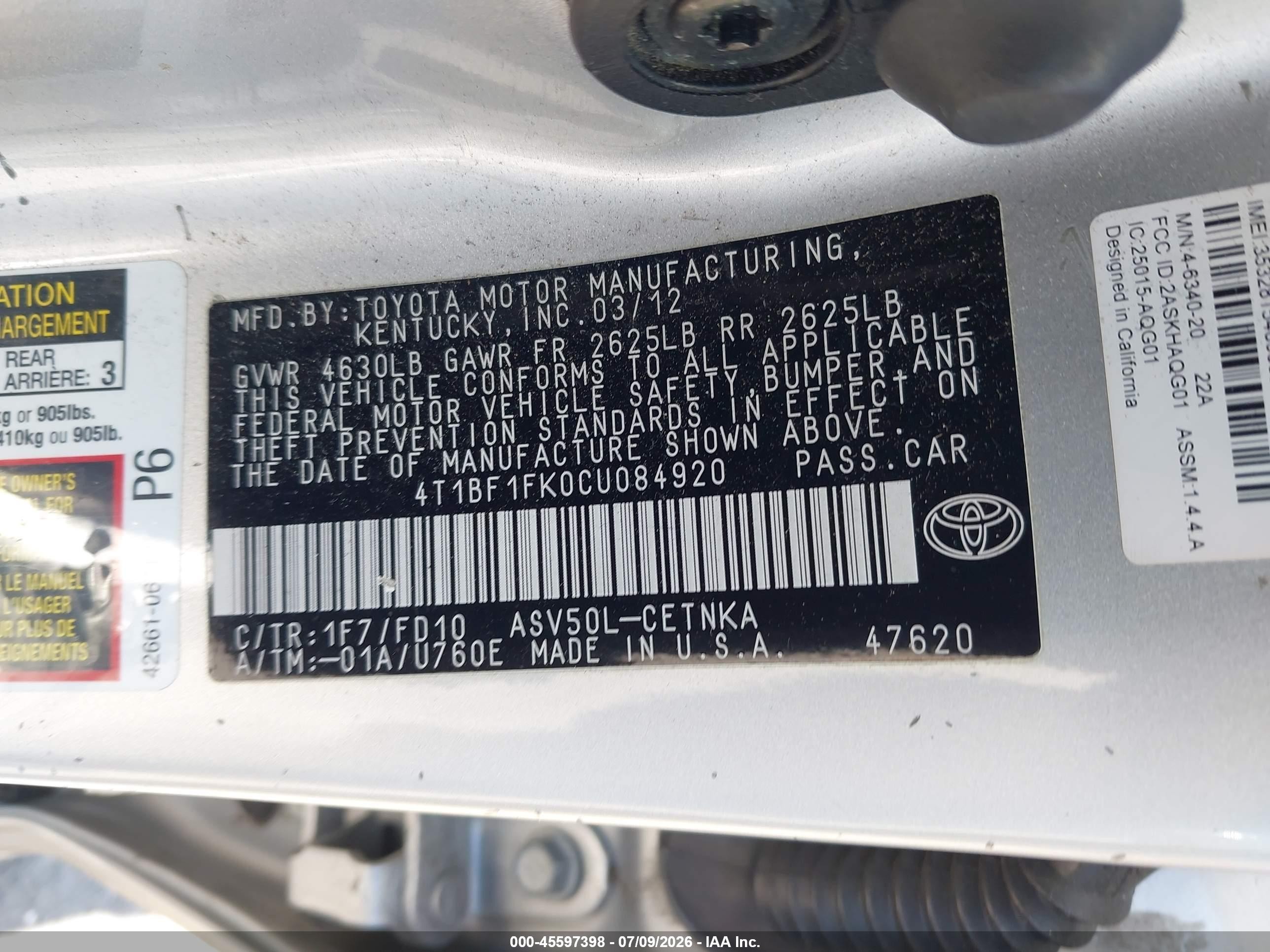 2012 Toyota Camry Le Серебряный vin: 4T1BF1FK0CU084920