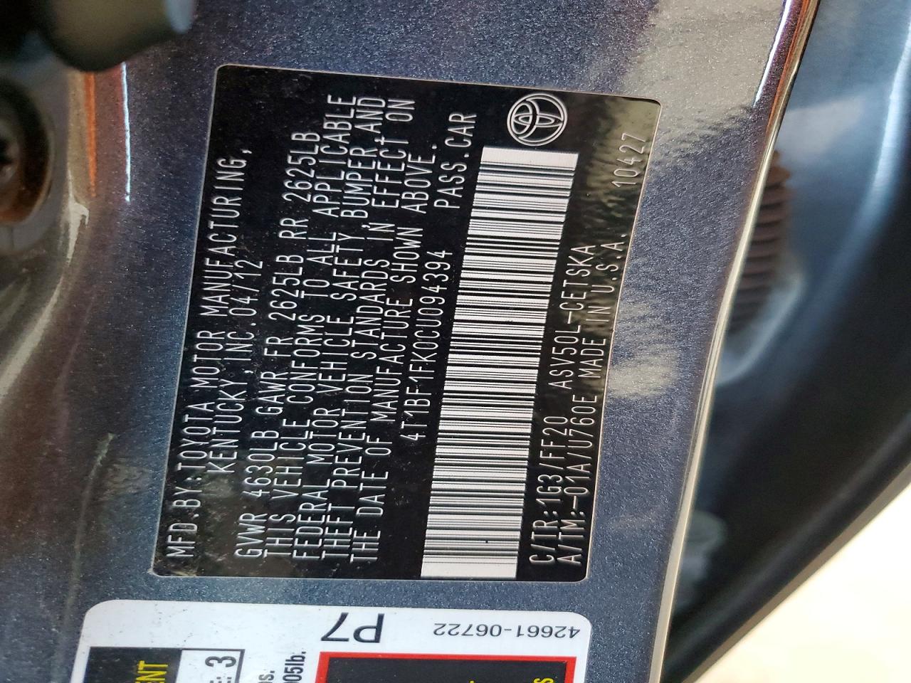 2012 Toyota Camry Se Gray vin: 4T1BF1FK0CU094394