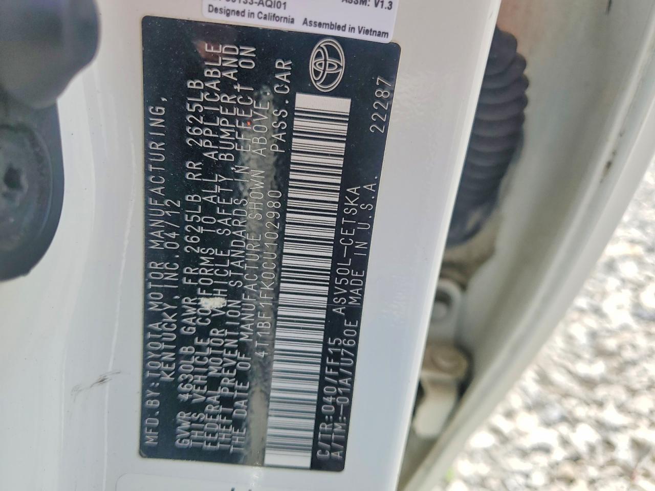 2012 Toyota Camry Se White vin: 4T1BF1FK0CU102980