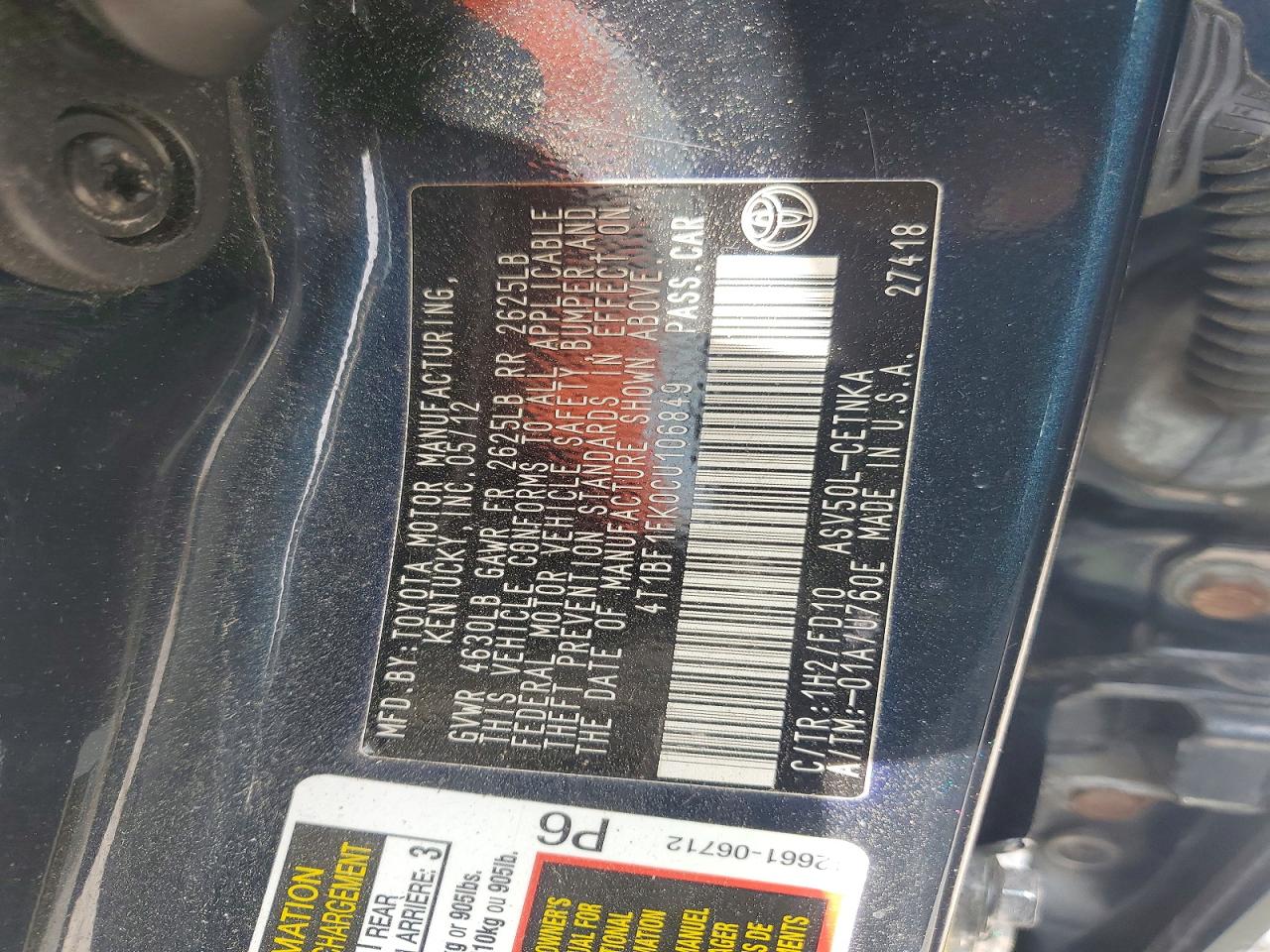 2012 Toyota Camry Le Charcoal vin: 4T1BF1FK0CU106849