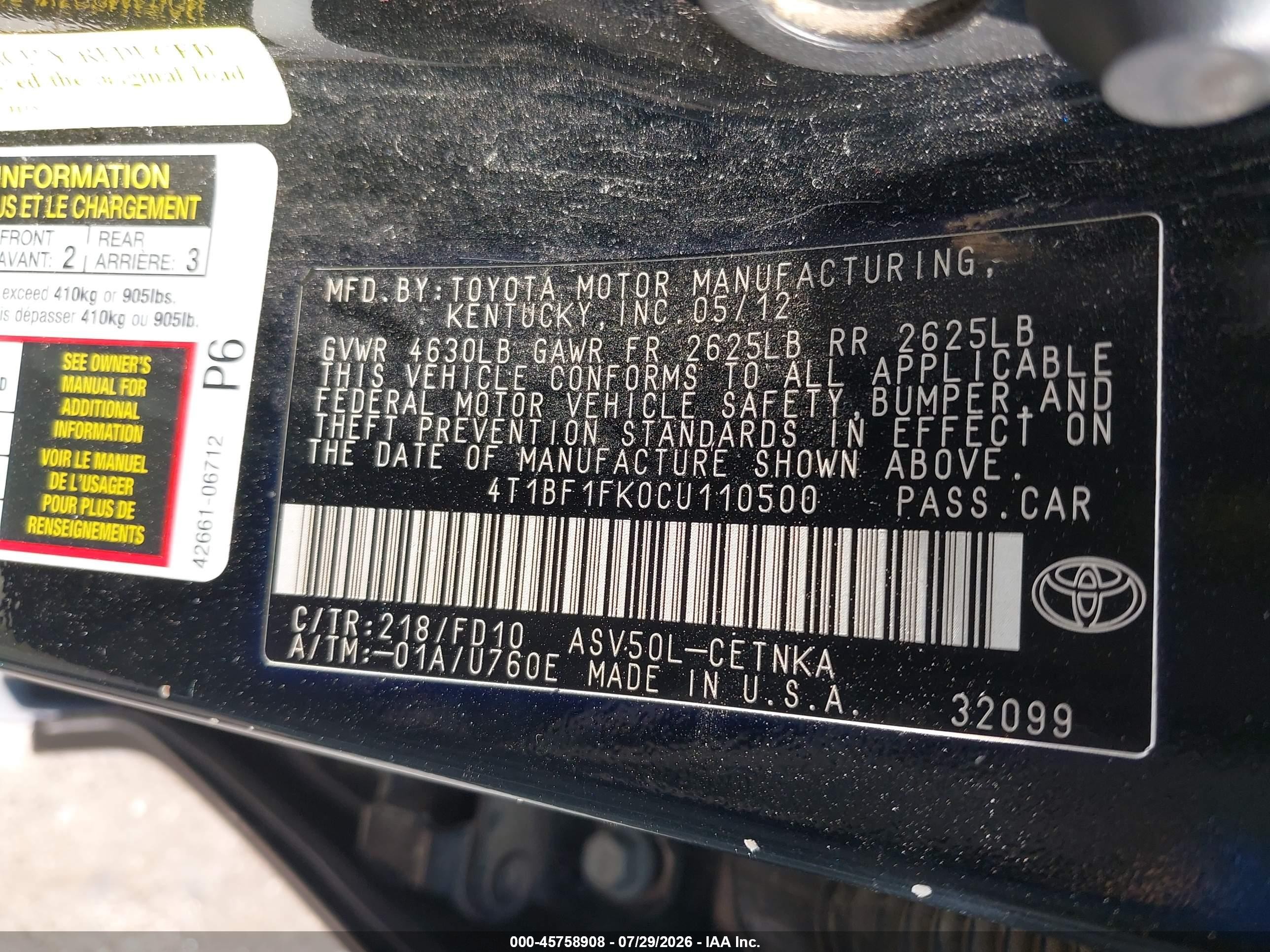 2012 Toyota Camry Le Black vin: 4T1BF1FK0CU110500