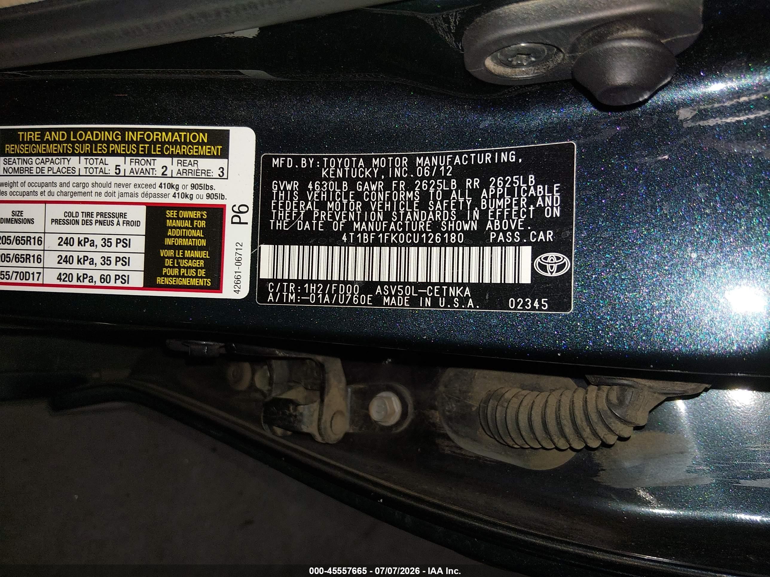 2012 Toyota Camry Le Blue vin: 4T1BF1FK0CU126180