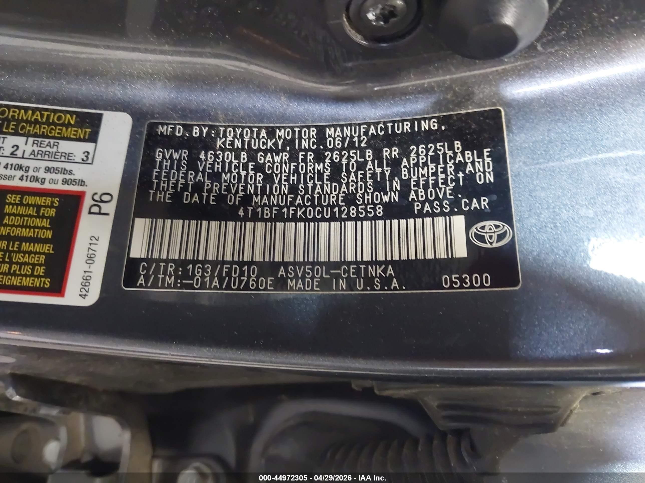 2012 Toyota Camry Le Gray vin: 4T1BF1FK0CU128558