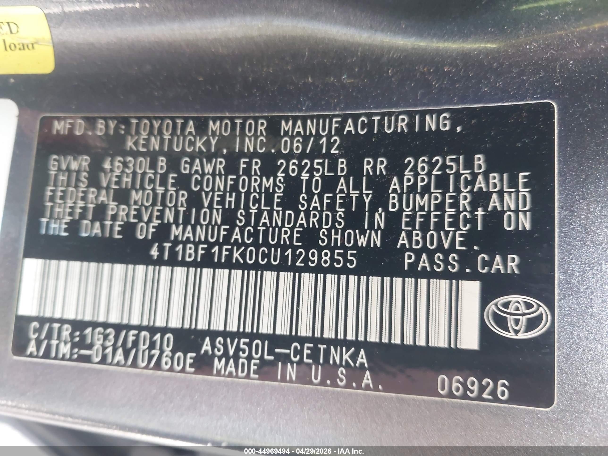 2012 Toyota Camry Le Серый vin: 4T1BF1FK0CU129855