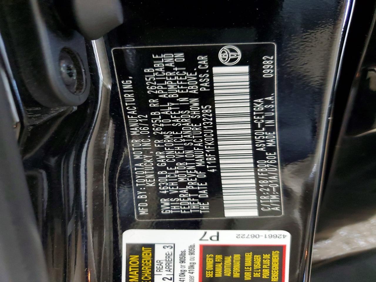 2012 Toyota Camry Xle Black vin: 4T1BF1FK0CU132285