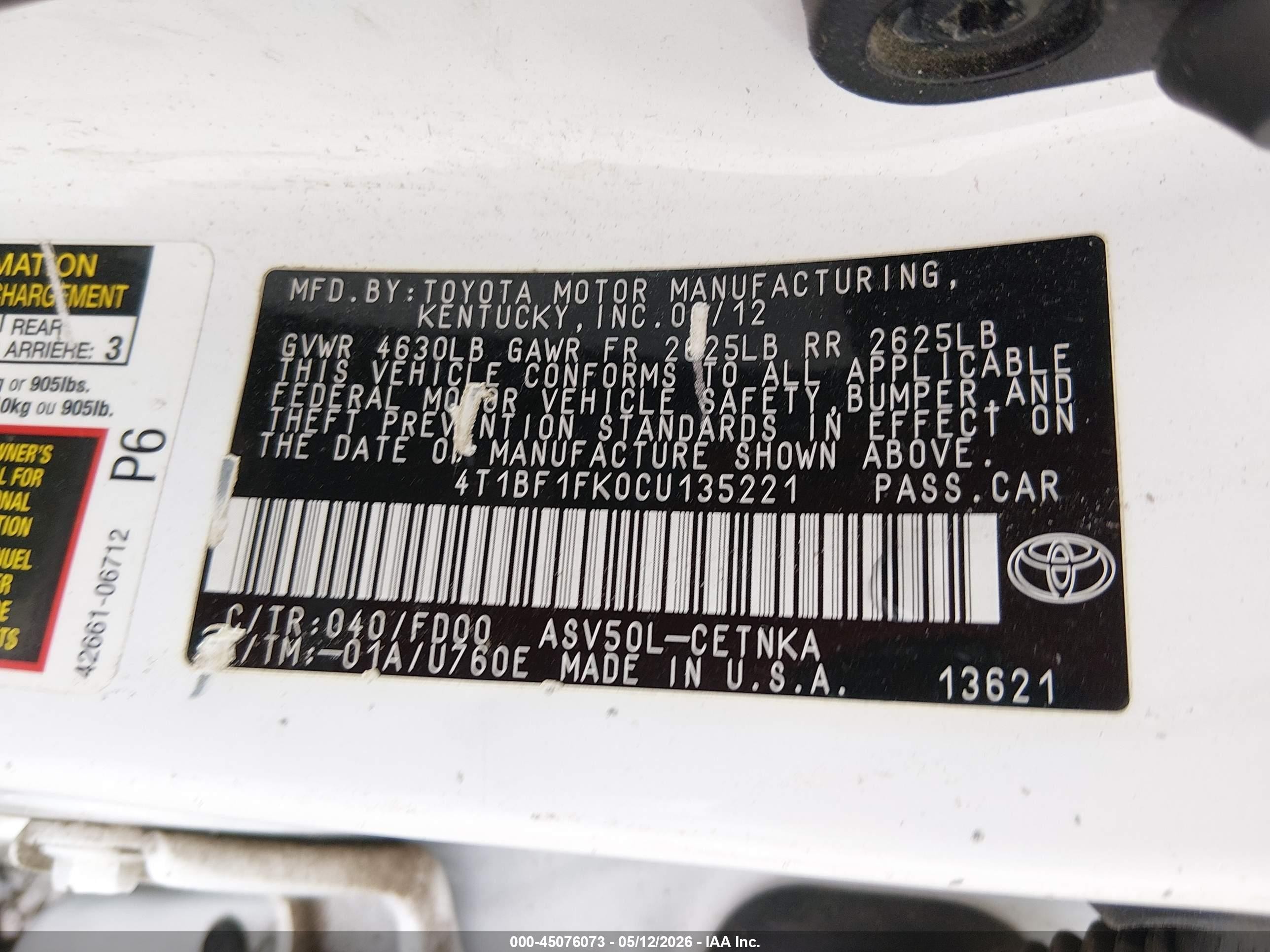 2012 Toyota Camry Le Белый vin: 4T1BF1FK0CU135221