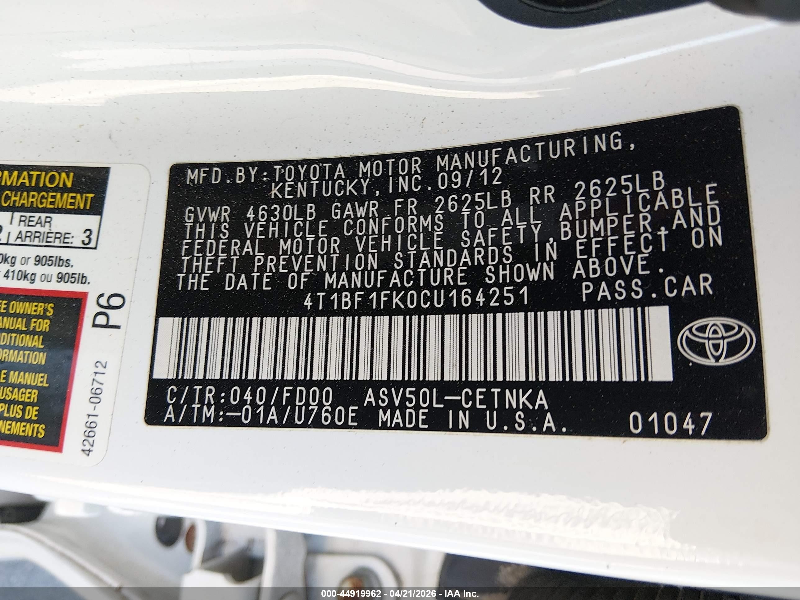 2012 Toyota Camry Le Белый vin: 4T1BF1FK0CU164251