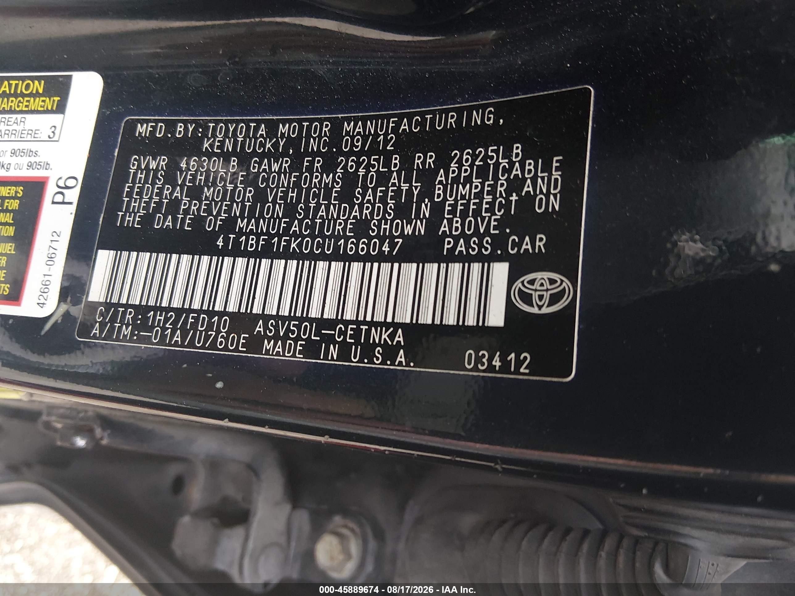 2012 Toyota Camry Le Dark Blue vin: 4T1BF1FK0CU166047