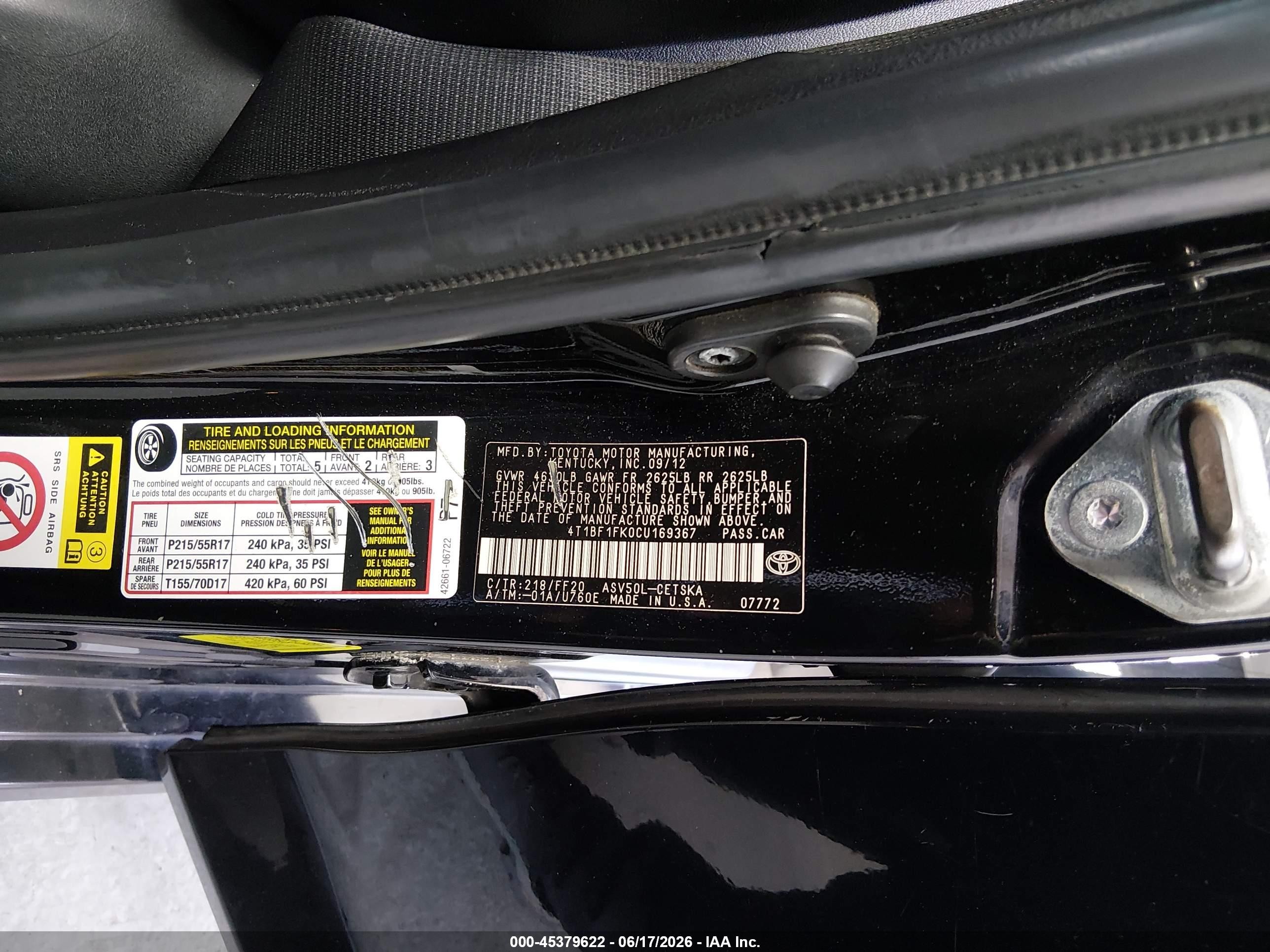 2012 Toyota Camry Se Black vin: 4T1BF1FK0CU169367