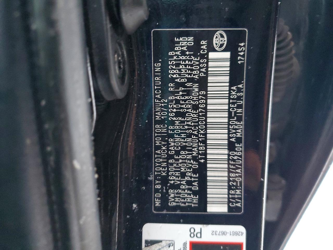 2012 Toyota Camry Base Black vin: 4T1BF1FK0CU176979