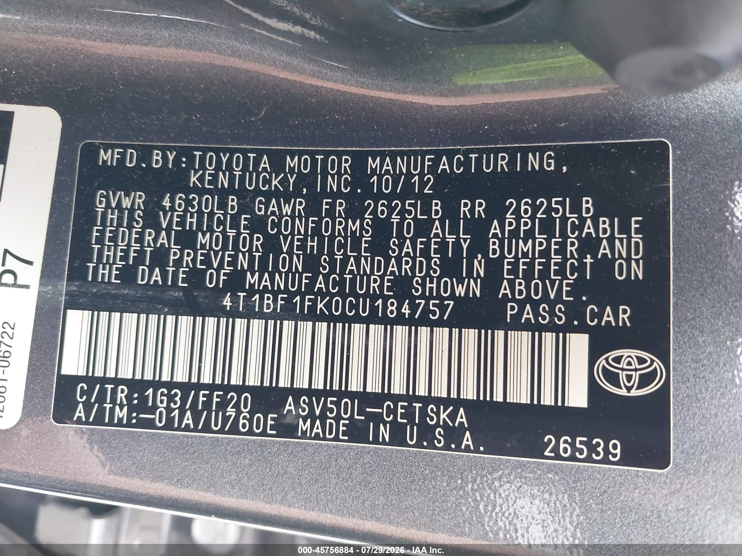 2012 Toyota Camry Se Gray vin: 4T1BF1FK0CU184757