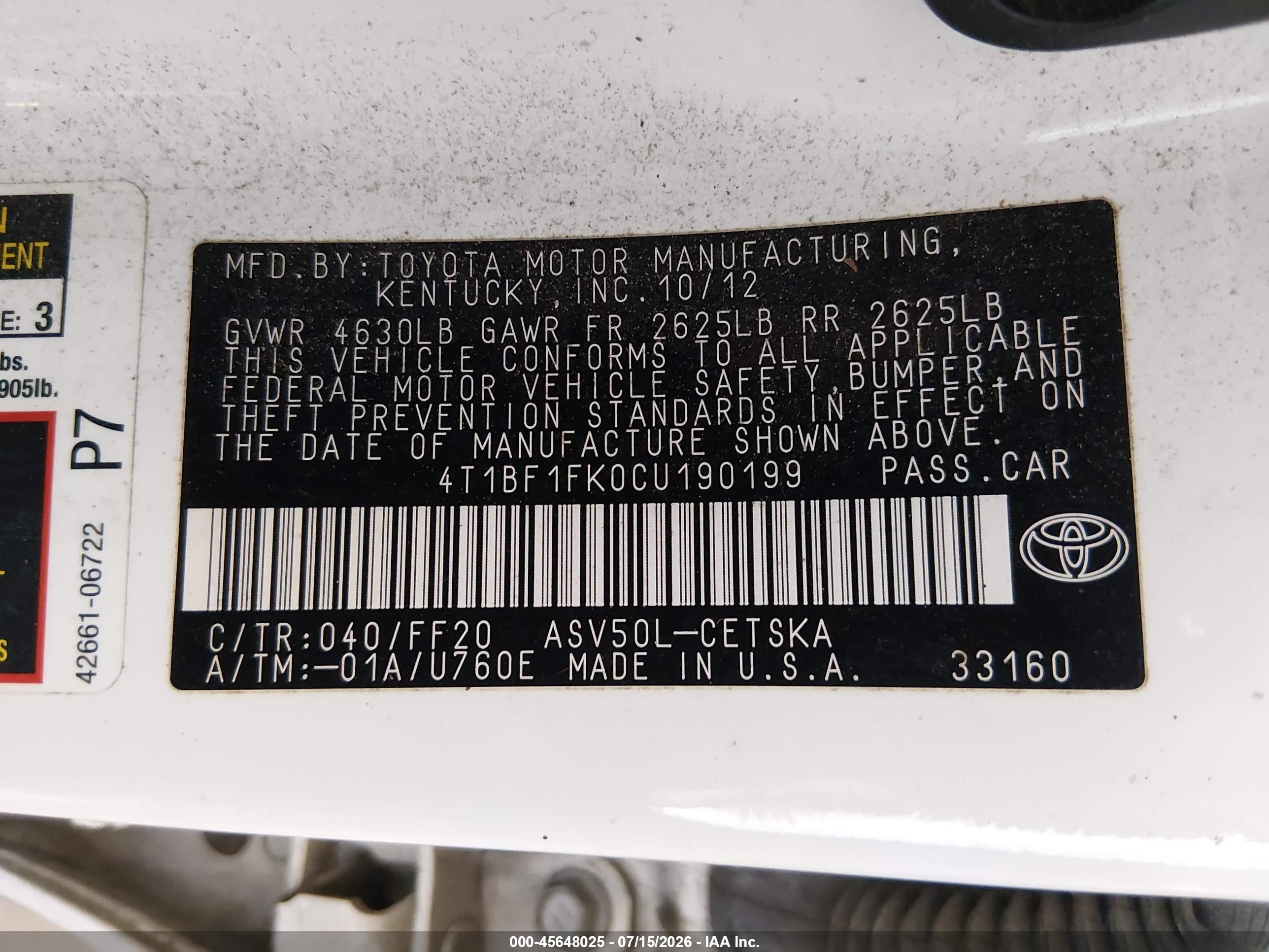 2012 Toyota Camry Se Белый vin: 4T1BF1FK0CU190199