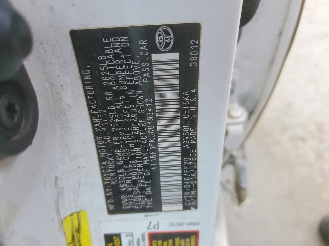 2012 Toyota Camry Base Белый vin: 4T1BF1FK0CU193412