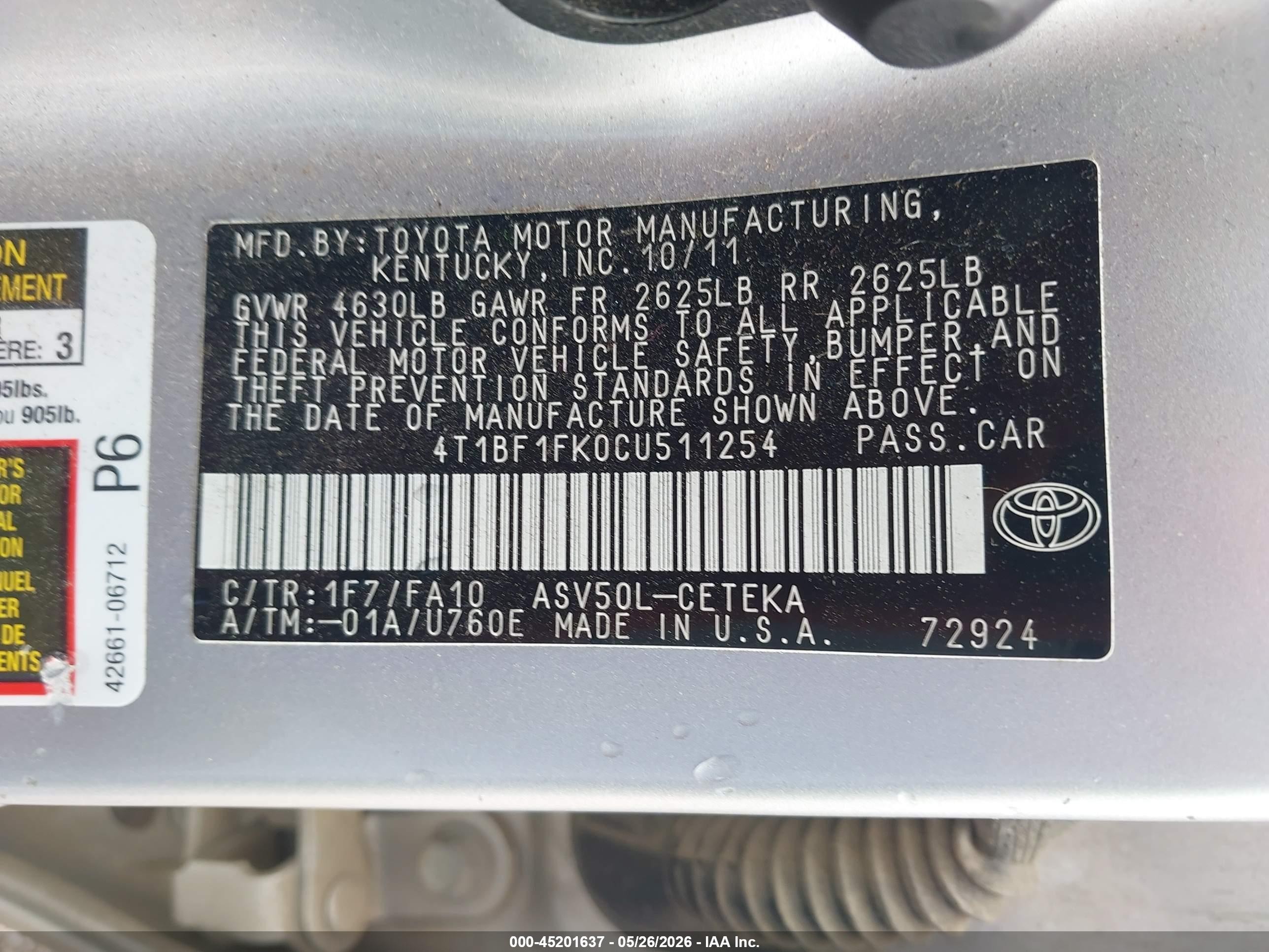 2012 Toyota Camry L Silver vin: 4T1BF1FK0CU511254