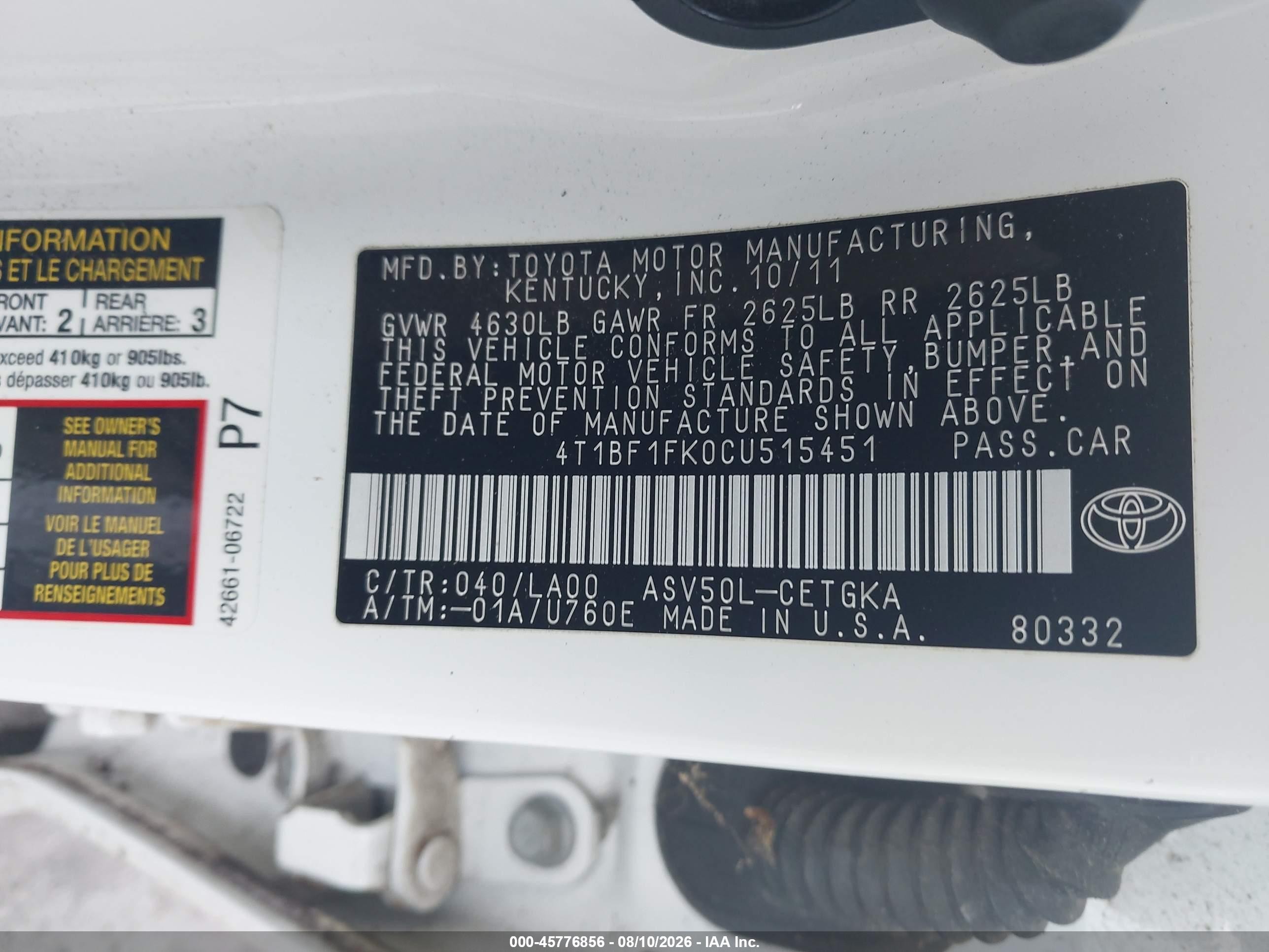 2012 Toyota Camry Xle White vin: 4T1BF1FK0CU515451
