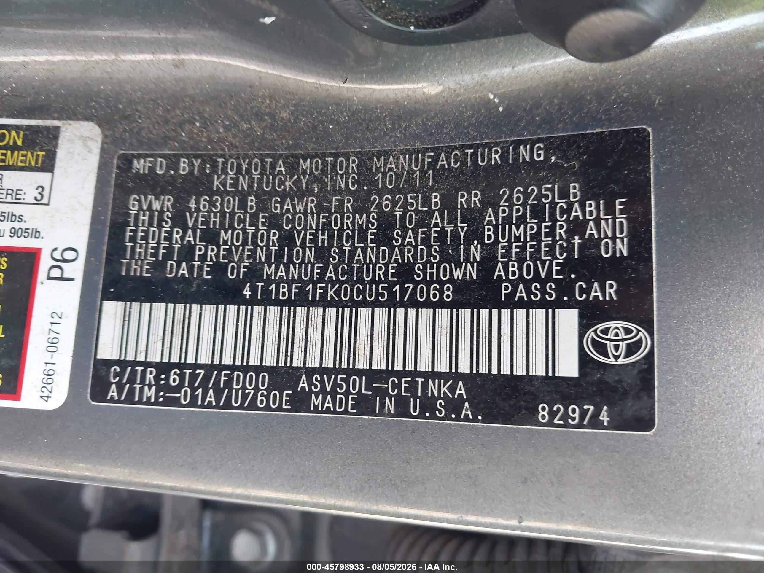 2012 Toyota Camry Le Green vin: 4T1BF1FK0CU517068