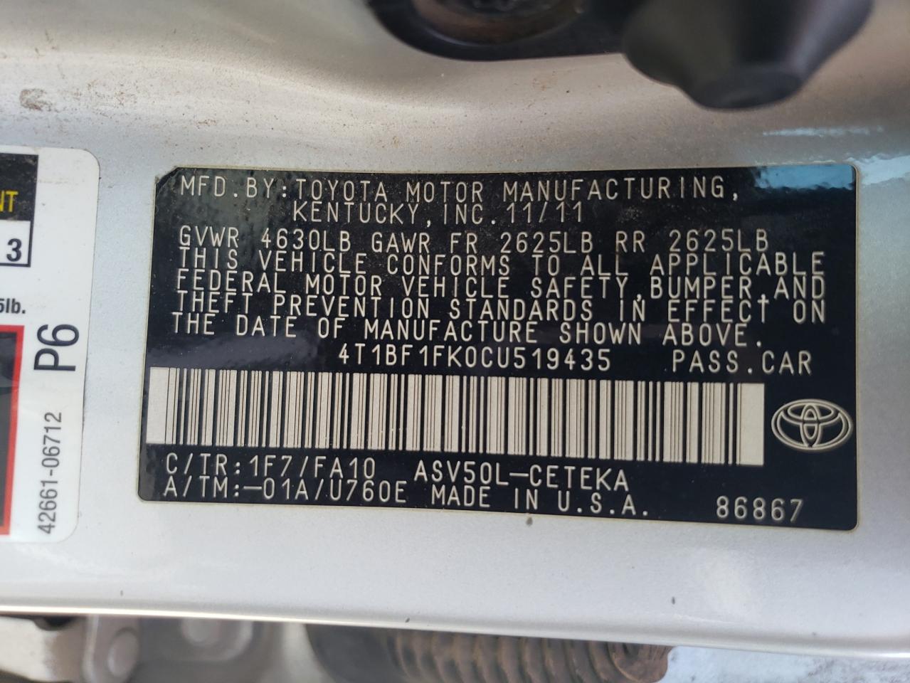 2012 Toyota Camry Base Silver vin: 4T1BF1FK0CU519435