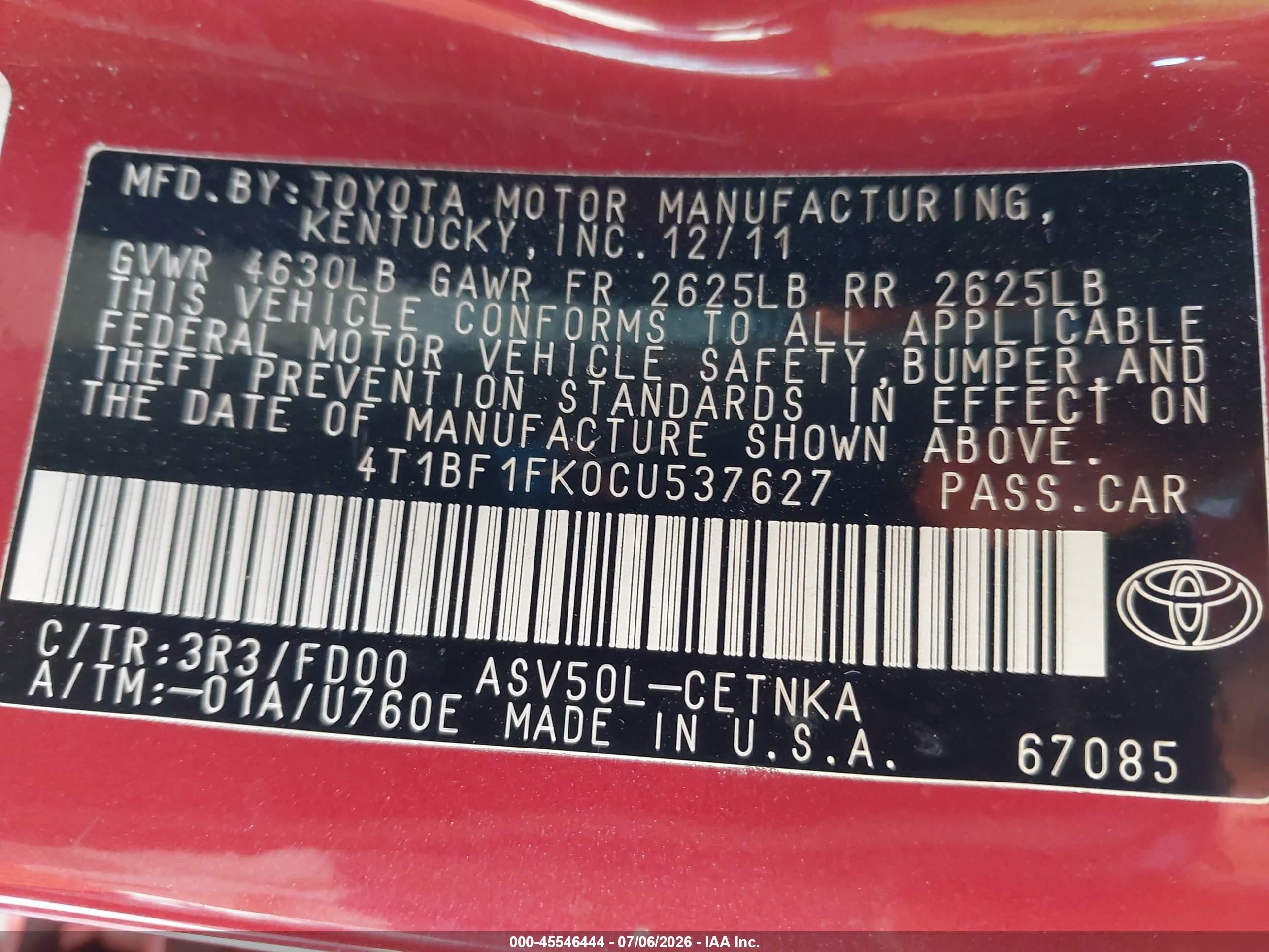 2012 Toyota Camry Le Red vin: 4T1BF1FK0CU537627