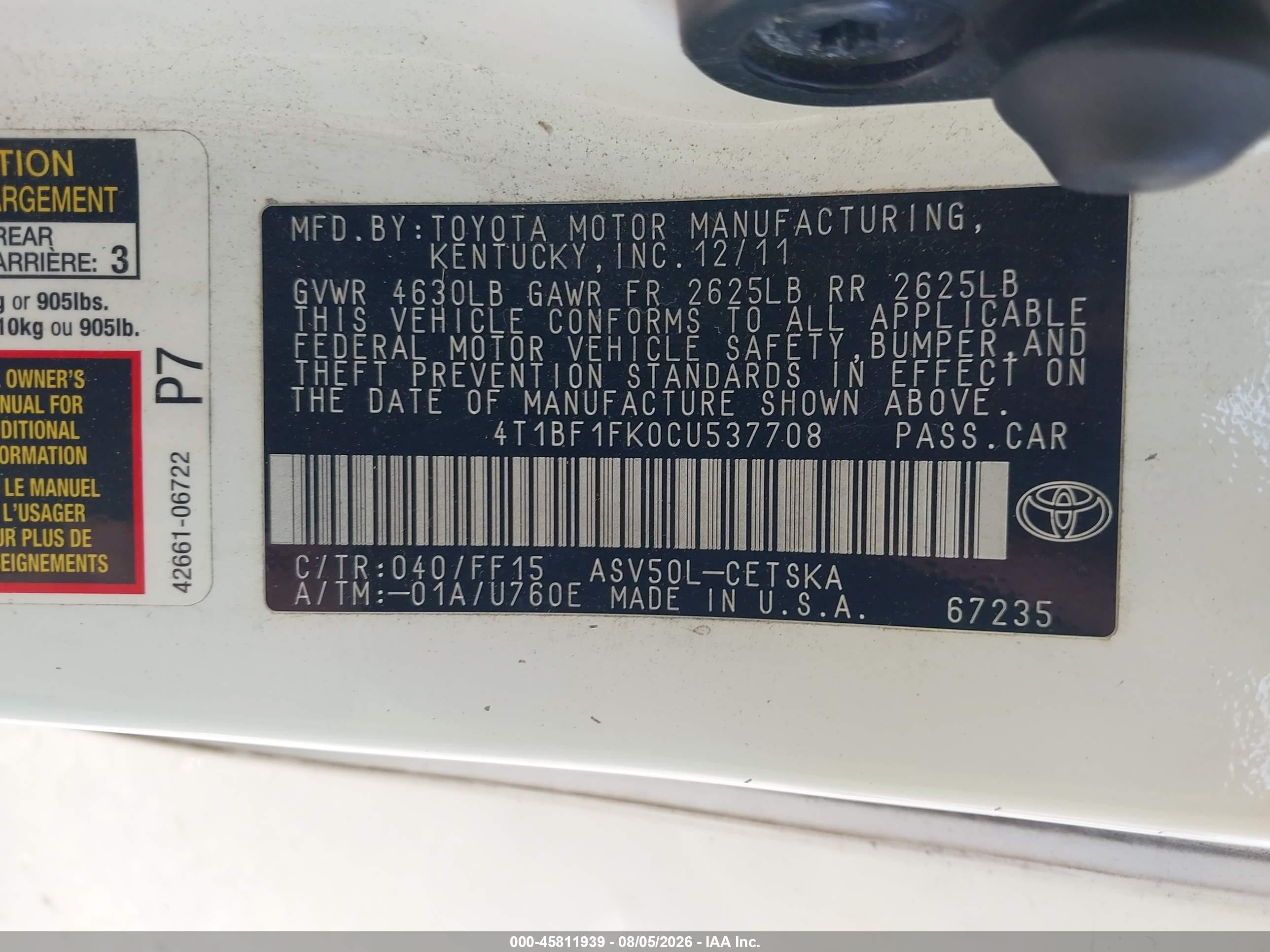 2012 Toyota Camry Se White vin: 4T1BF1FK0CU537708