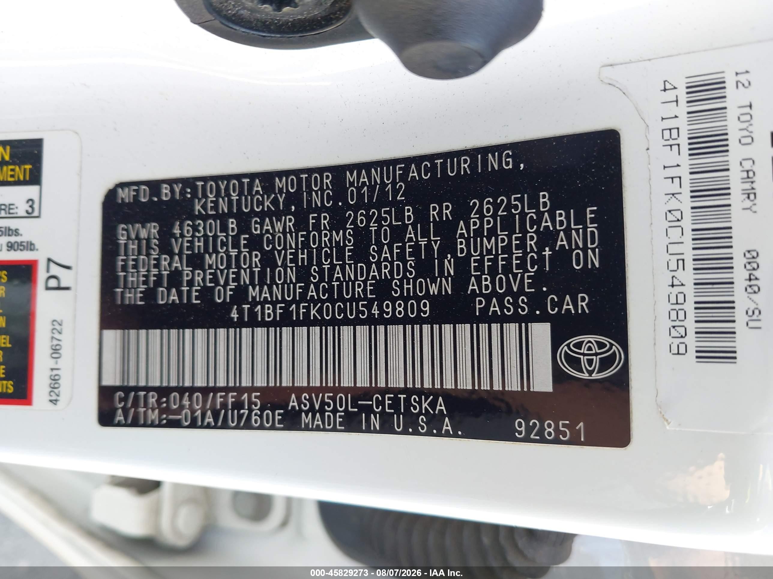 2012 Toyota Camry Se White vin: 4T1BF1FK0CU549809