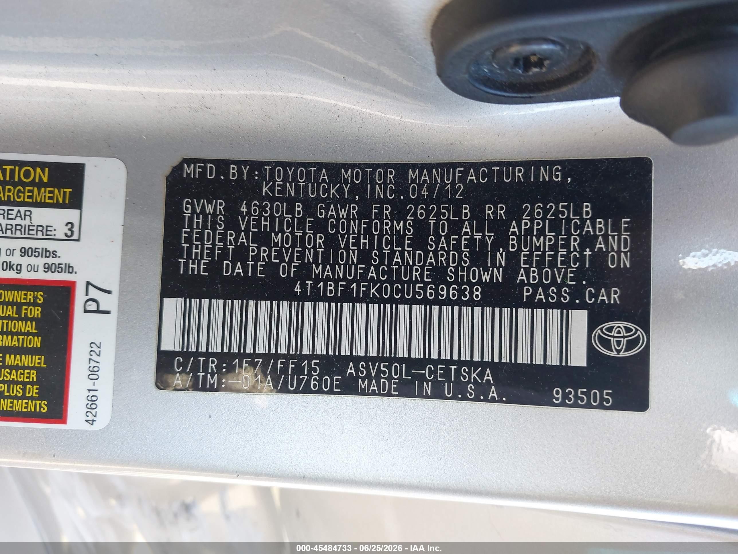2012 Toyota Camry Se Silver vin: 4T1BF1FK0CU569638