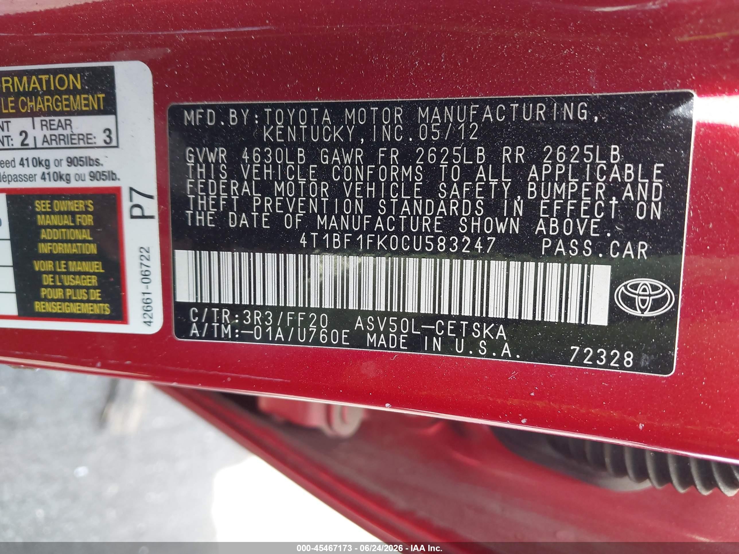 2012 Toyota Camry Se Red vin: 4T1BF1FK0CU583247