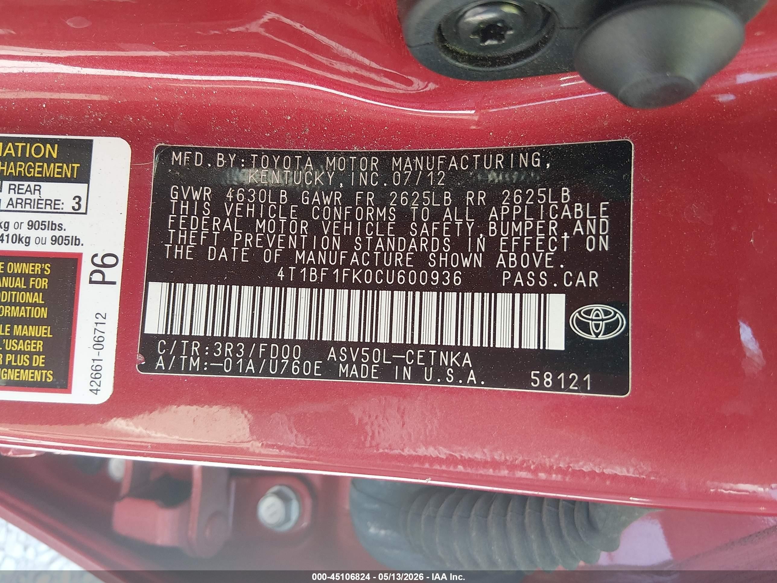 2012 Toyota Camry Le Красный vin: 4T1BF1FK0CU600936