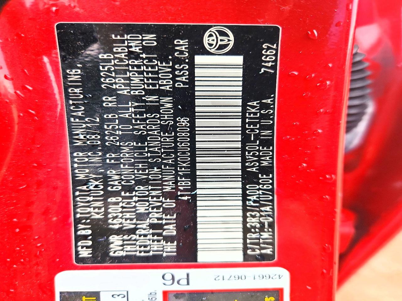 2012 Toyota Camry L Red vin: 4T1BF1FK0CU608096