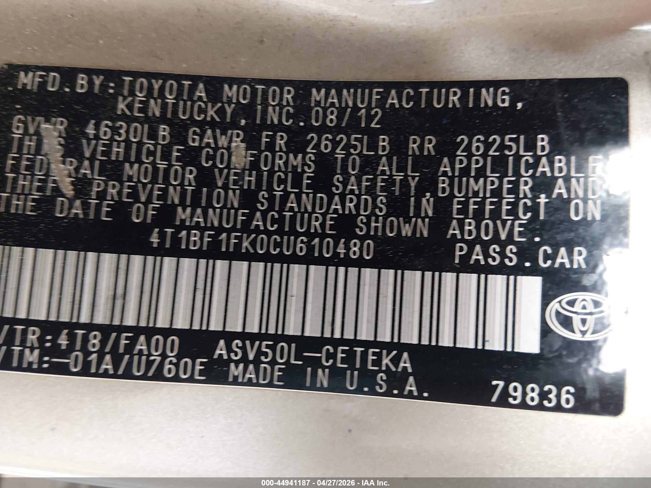 2012 Toyota Camry L Champagne vin: 4T1BF1FK0CU610480