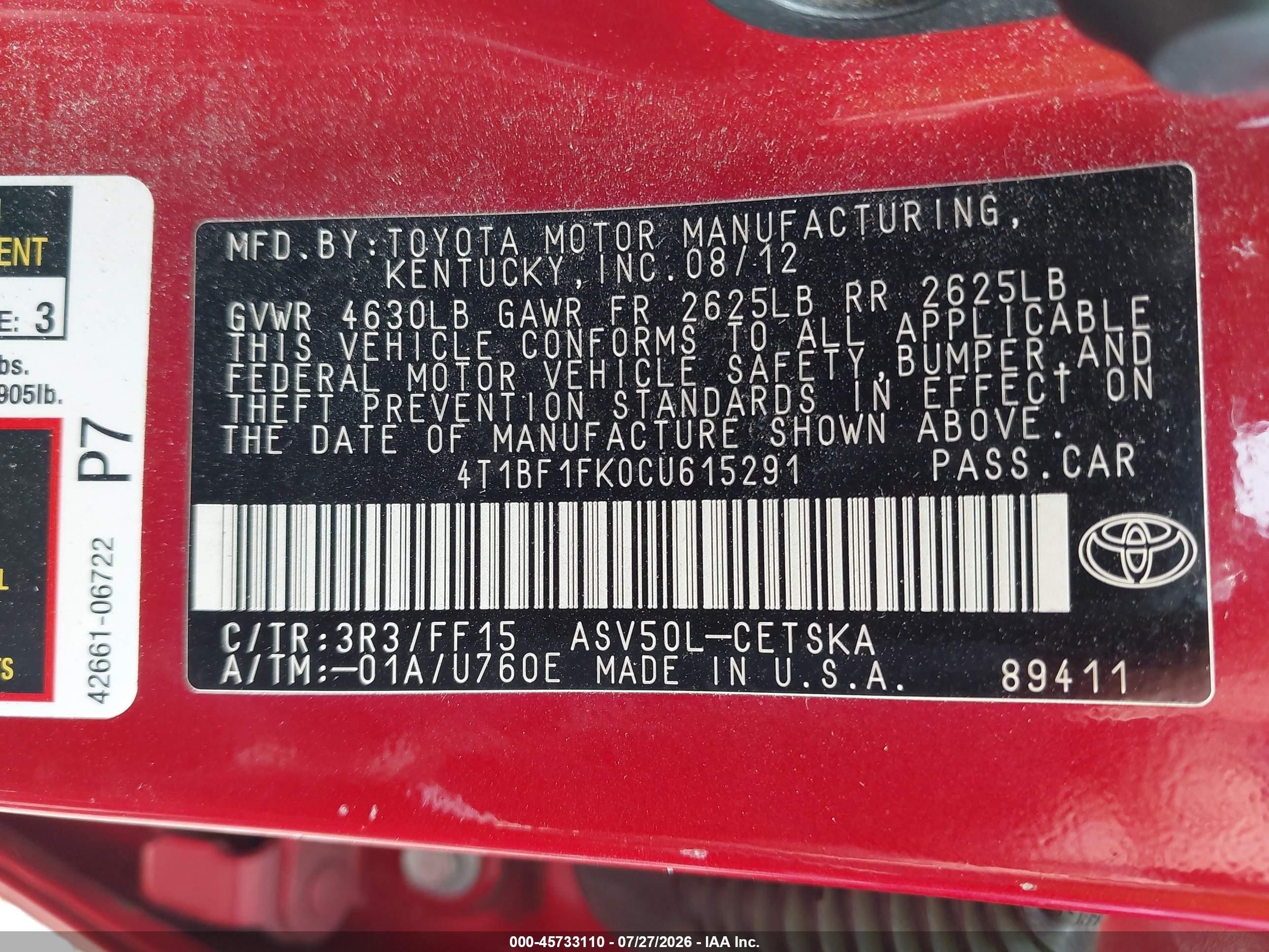 2012 Toyota Camry Se Red vin: 4T1BF1FK0CU615291