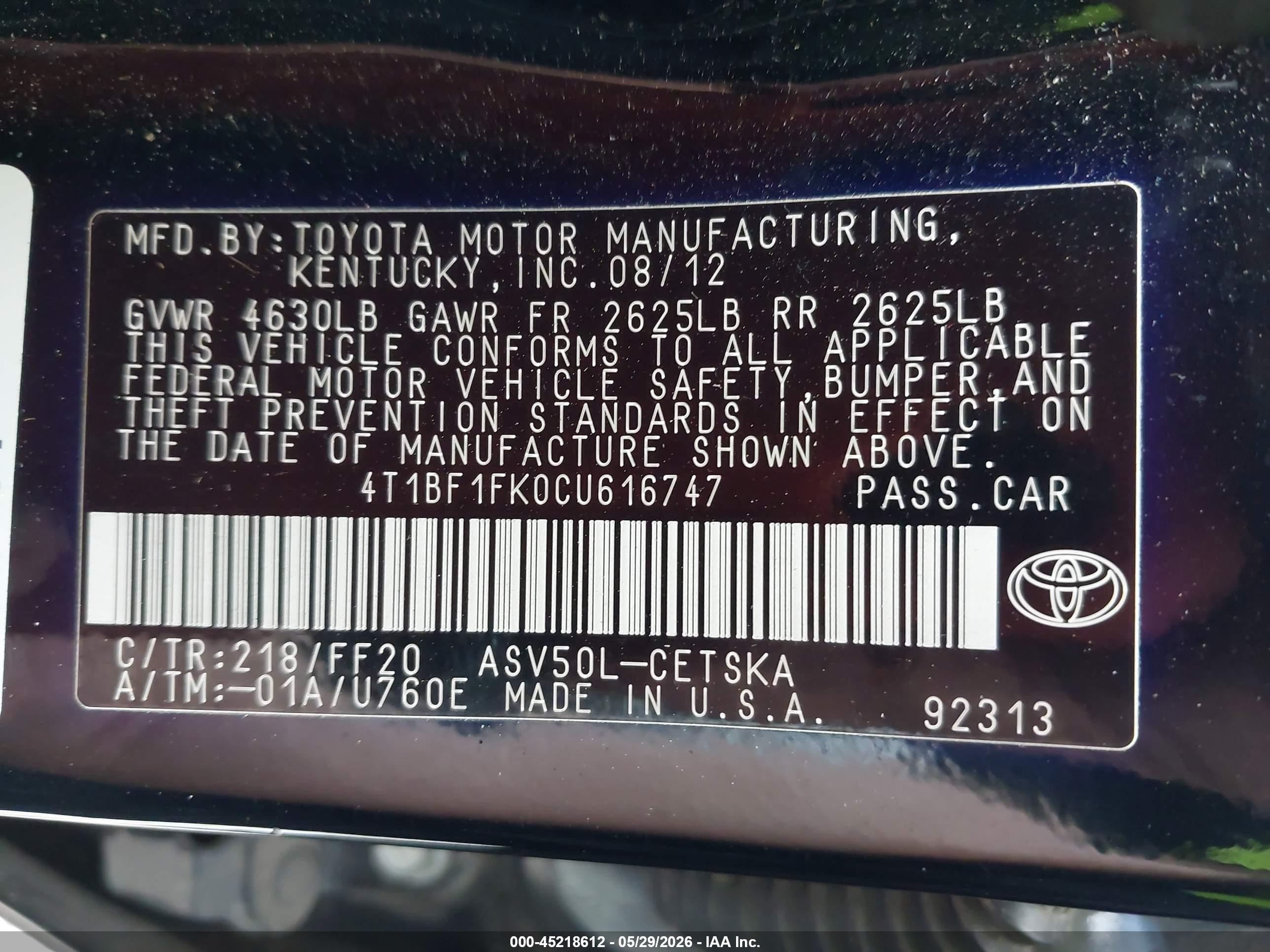 2012 Toyota Camry Se Black vin: 4T1BF1FK0CU616747